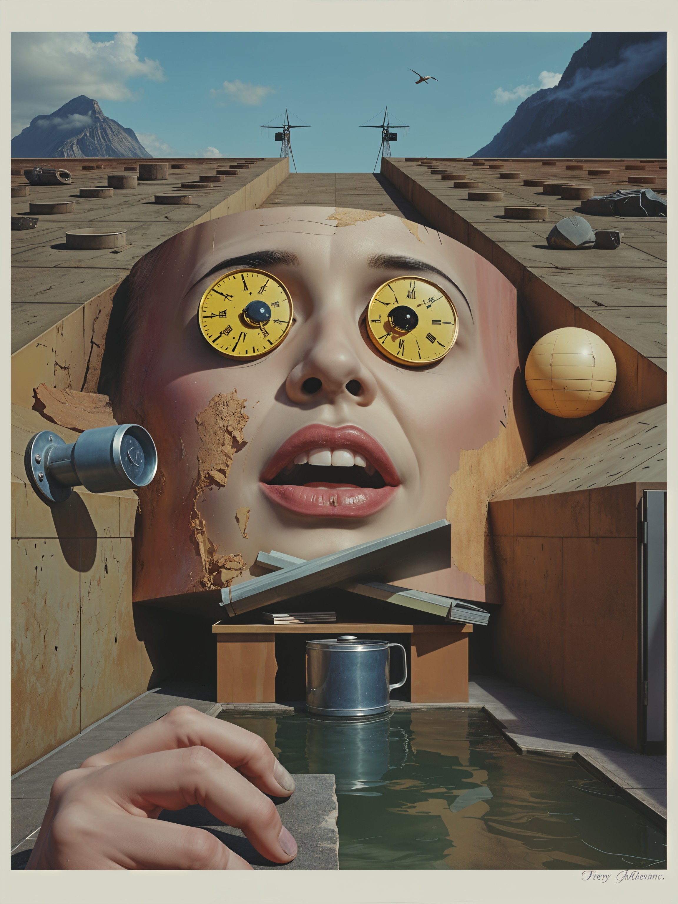 Surreal Landscape with Giant Fragmented Face and Clocks