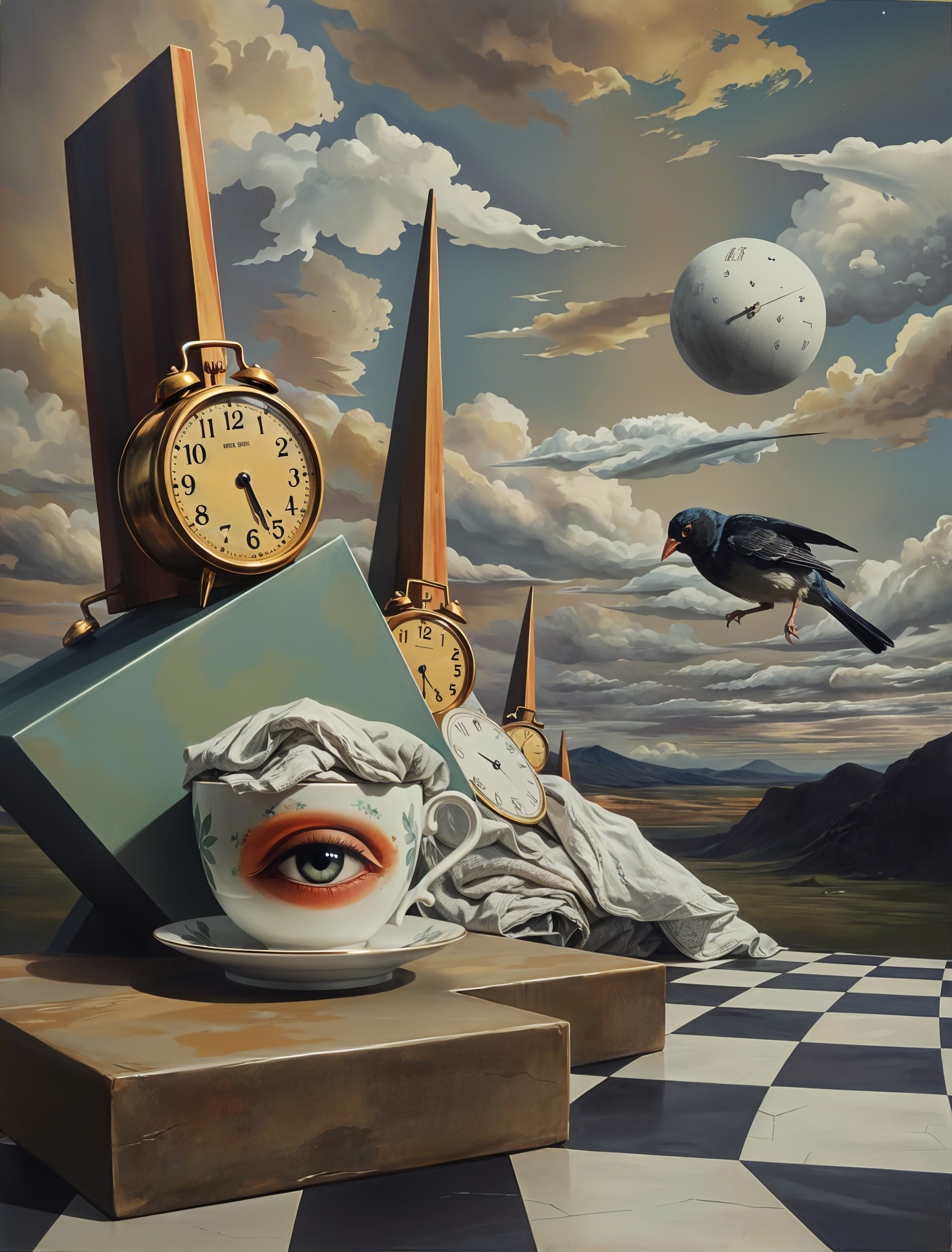 Surrealistic painting with time-themed elements and landscape