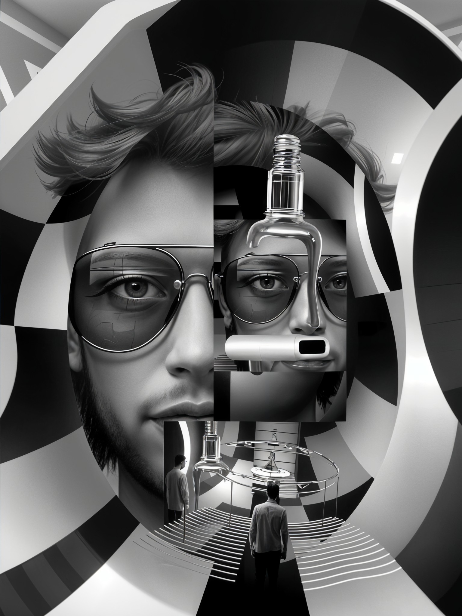 Surreal Composition of Human Face and Abstract Shapes