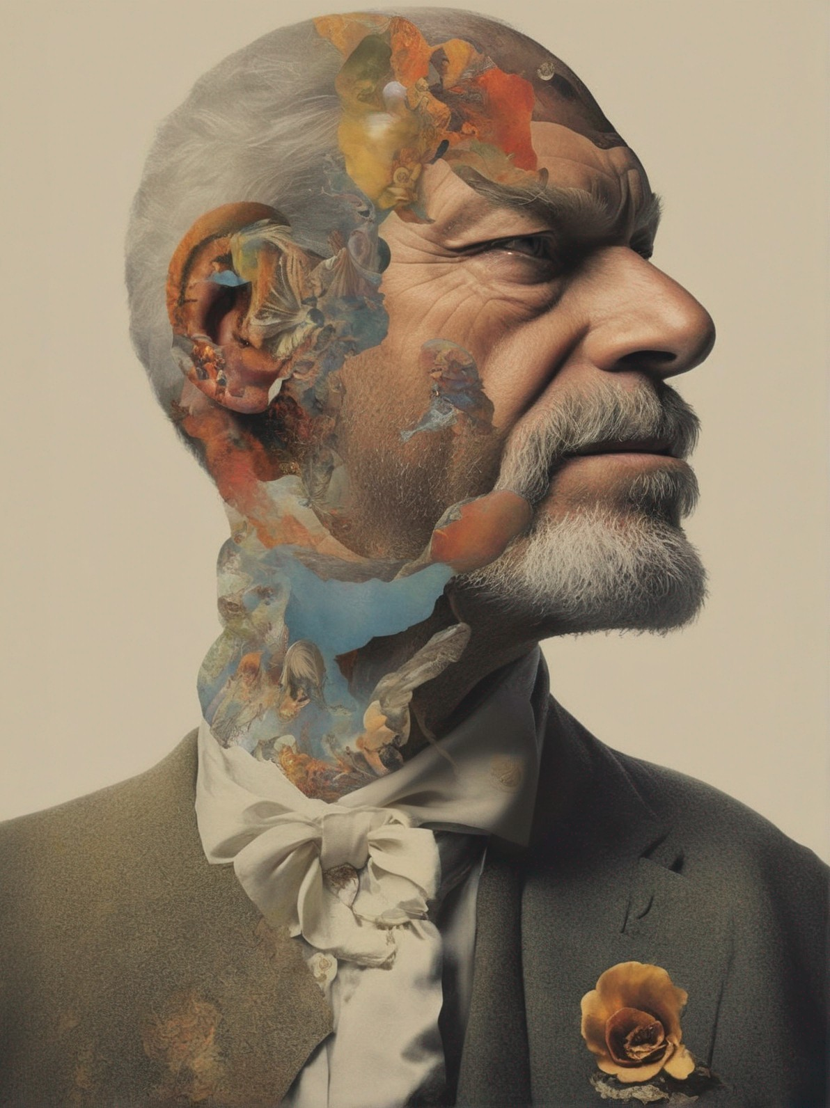 Elderly Man in Suit with Surreal Floral Patterns