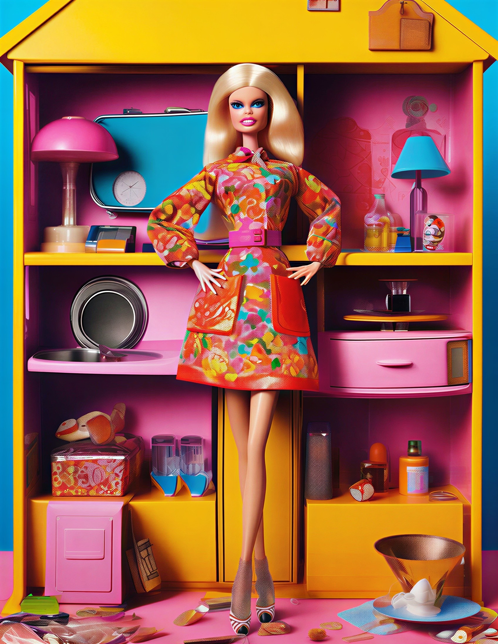 Elegant Barbie Doll in Front of Bright Yellow Dreamhouse