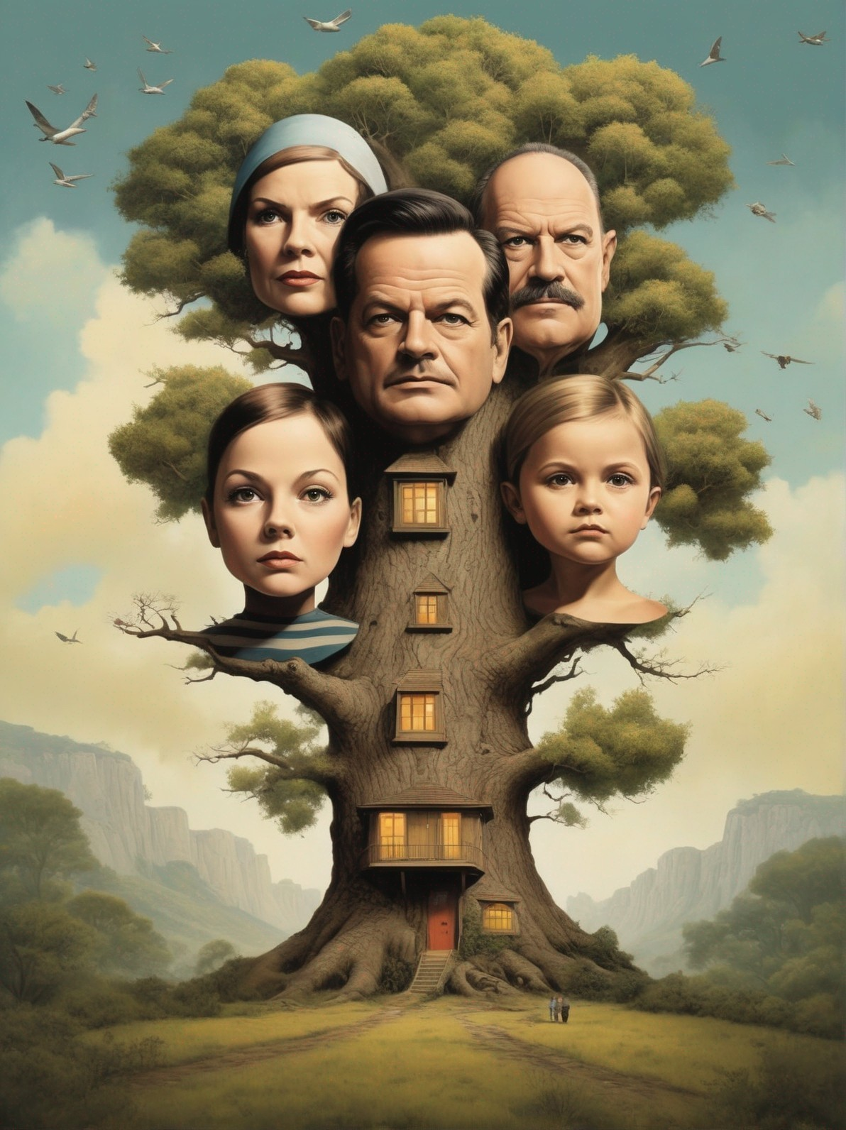 Surreal Tree with Human Faces Symbolizing Family Lineage