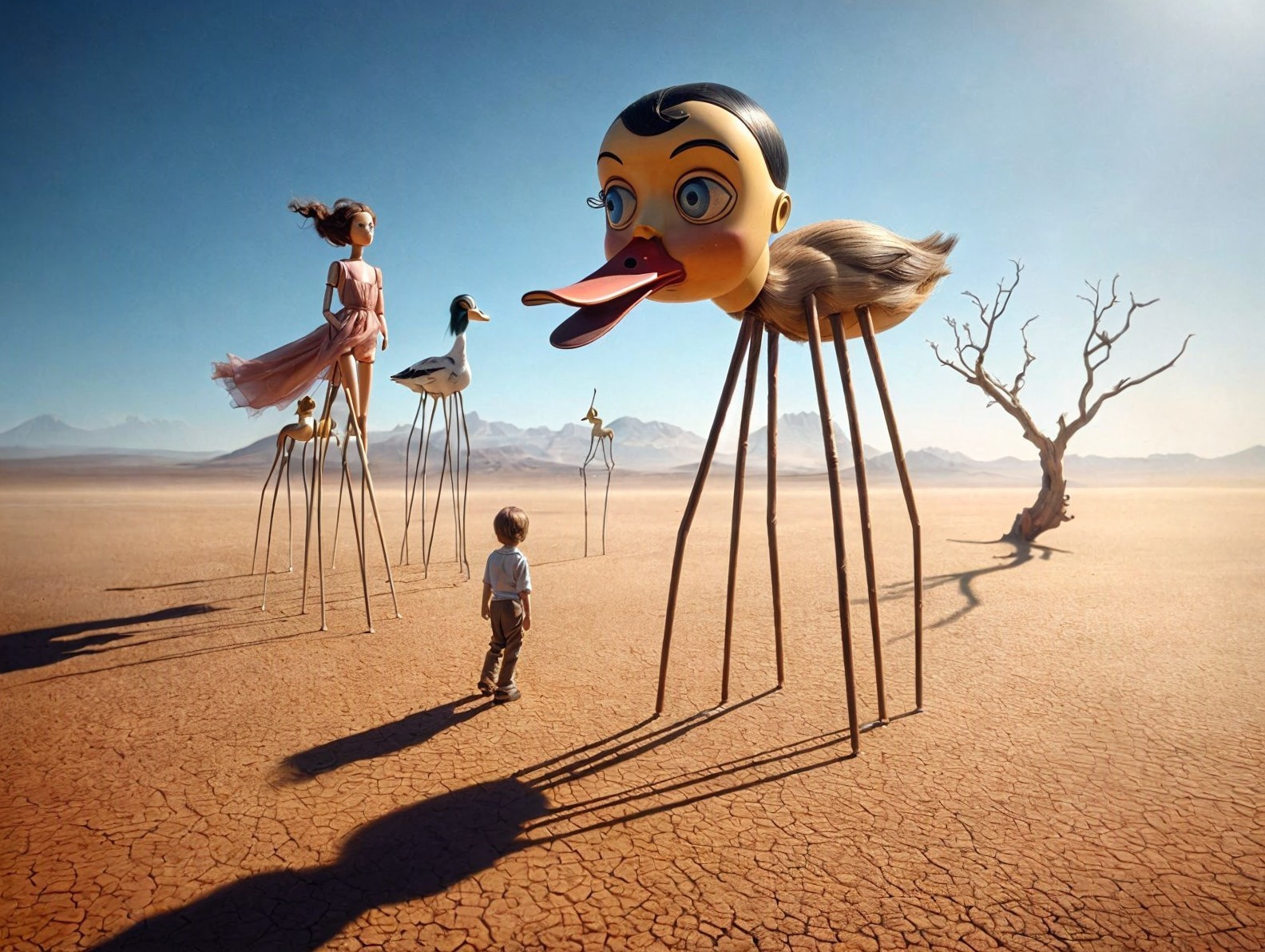 Surreal Desert Landscape with Oversized Whimsical Figures