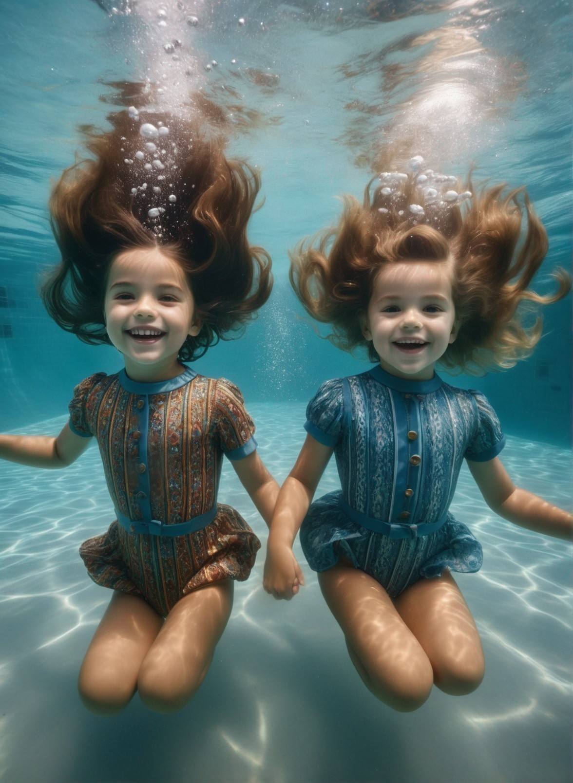 Young girls swimming underwater in colorful swimsuits