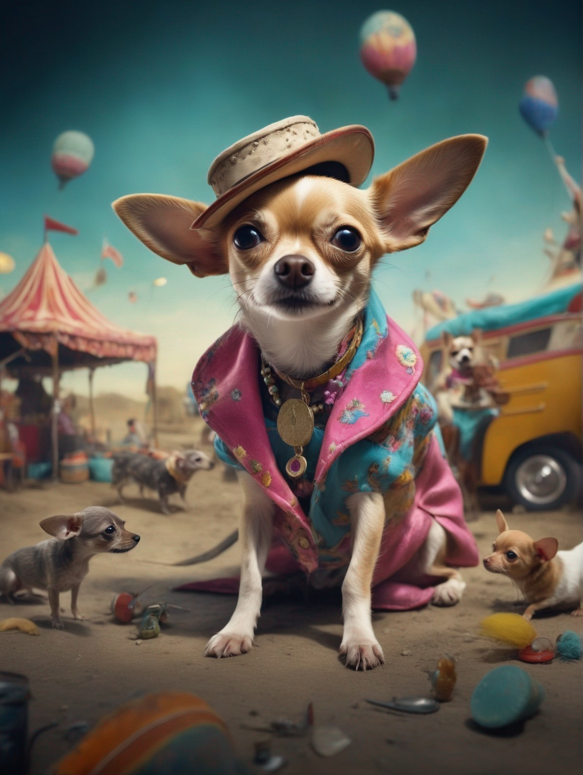 Chihuahua in Decorative Coat at Vibrant Carnival Scene