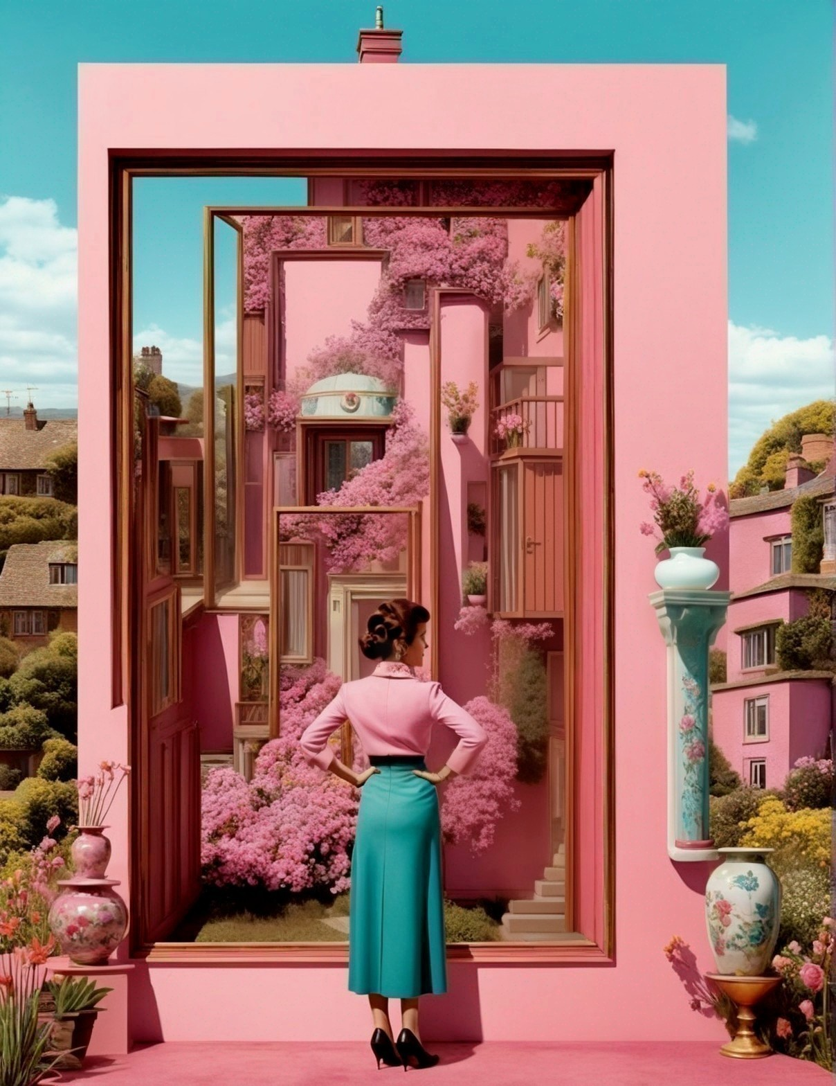 Surreal Doorway Surrounded by Lush Pink Foliage