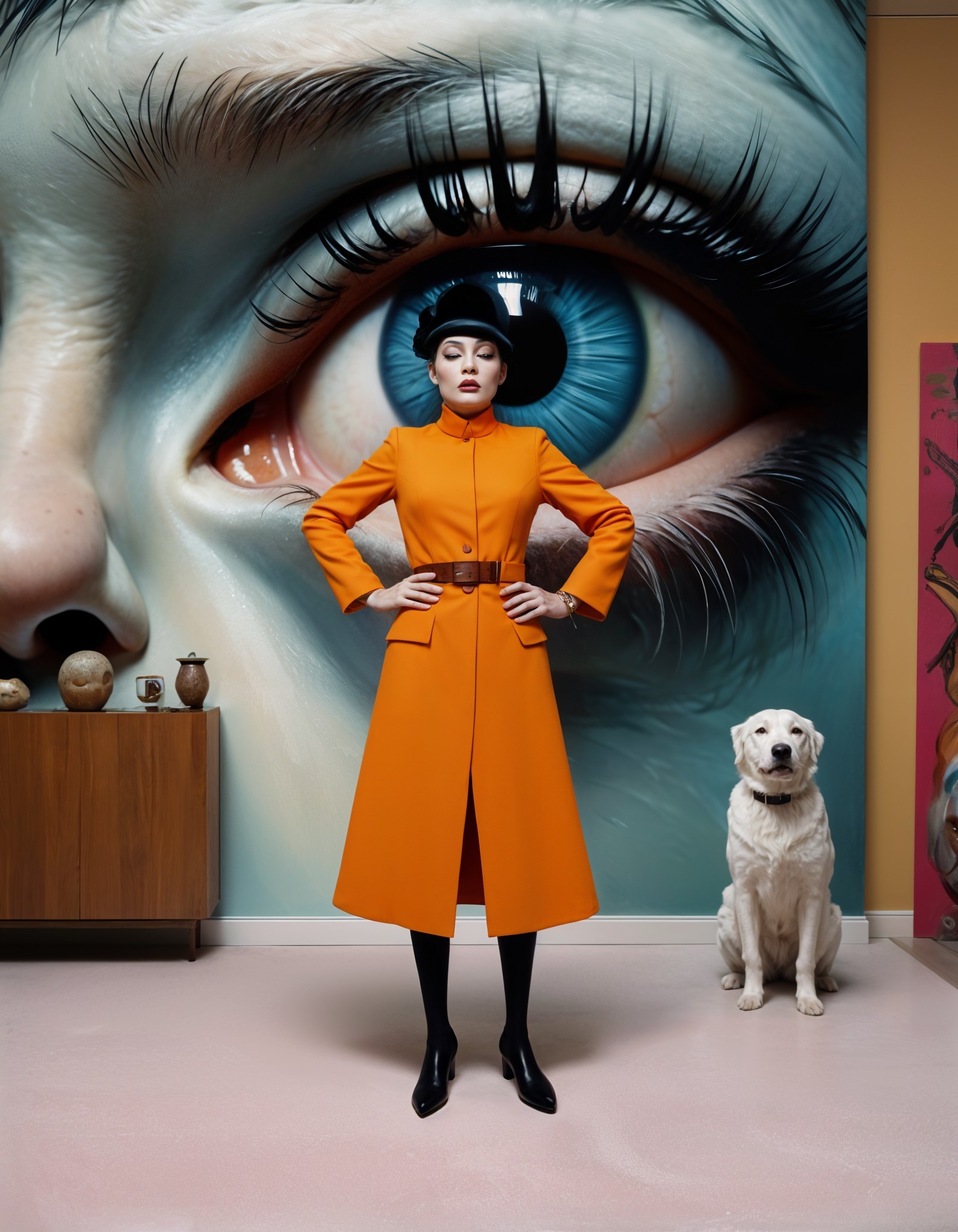 Stylish Woman in Orange Coat with Surreal Mural and Dog