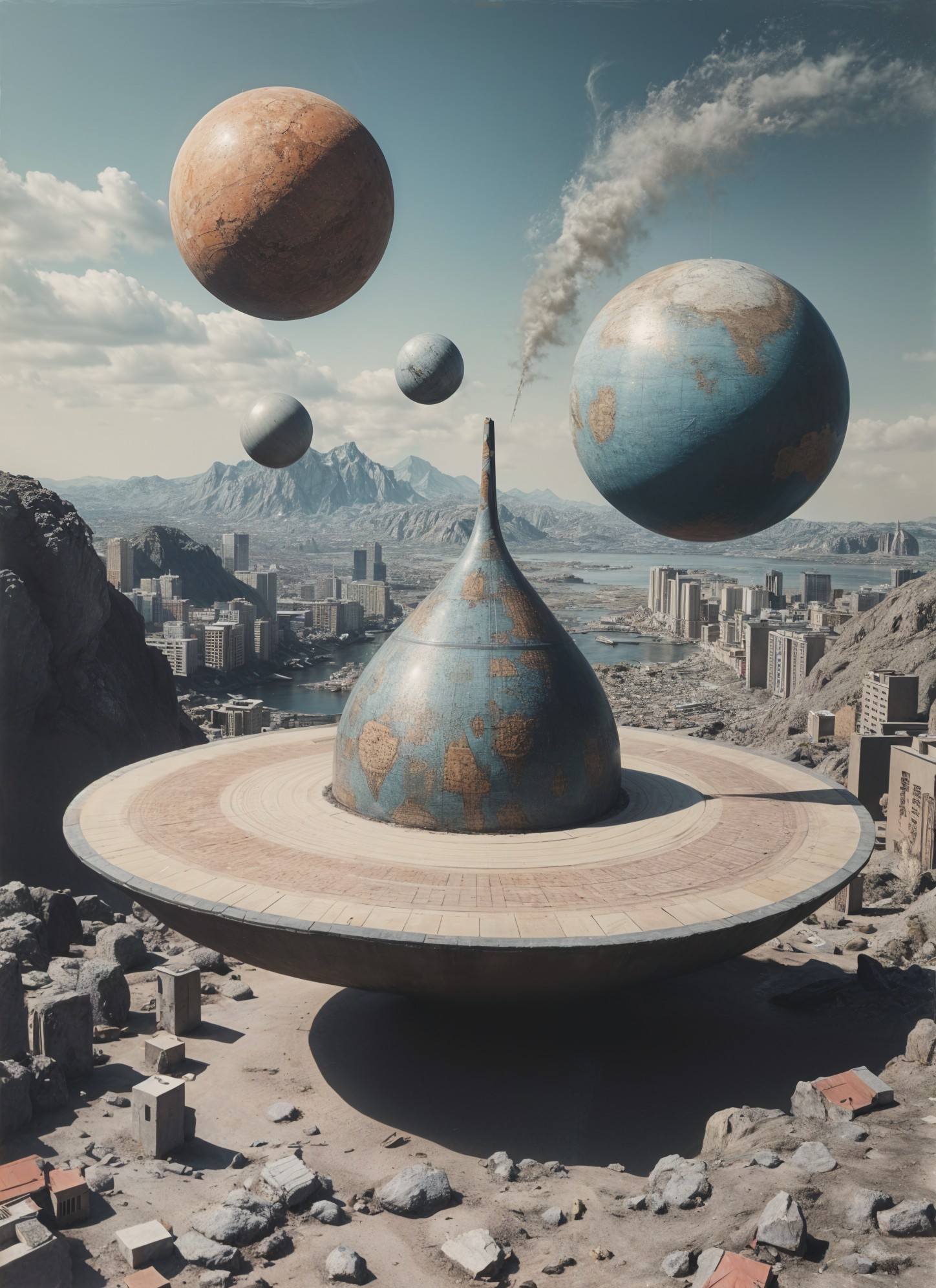 Futuristic landscape with spinning structure and planets