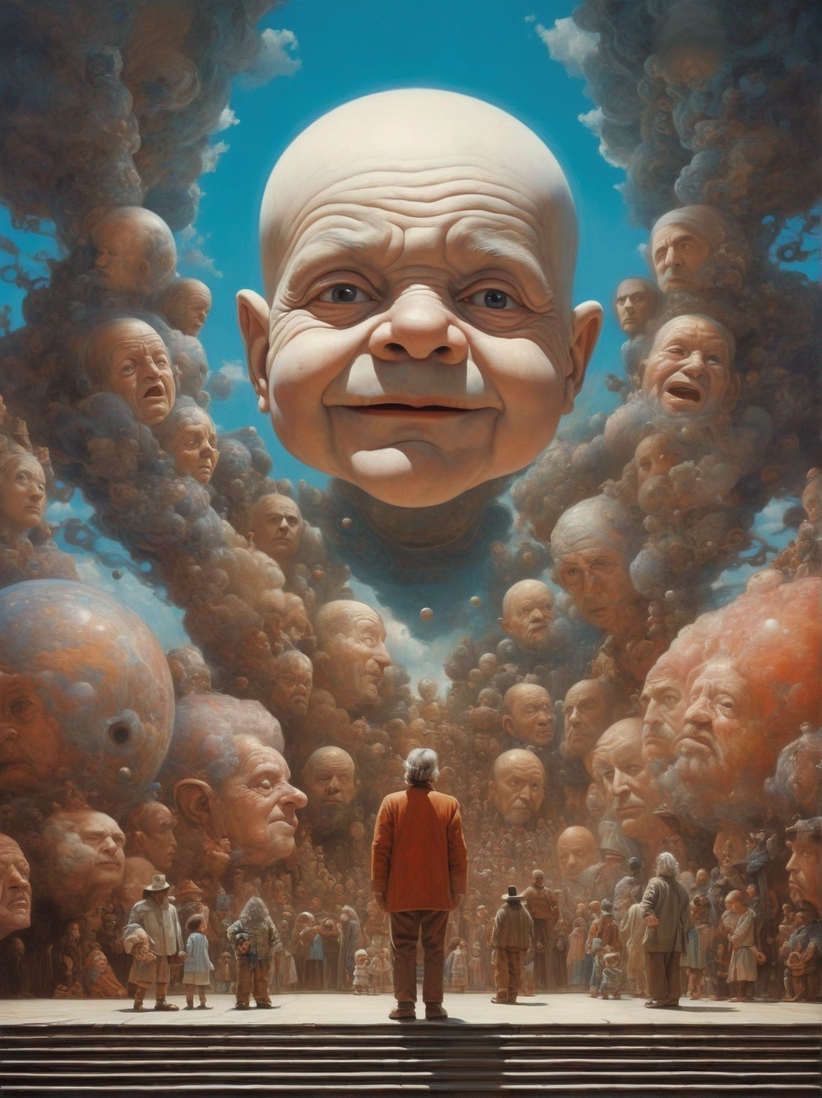 Surreal Scene with Floating Faces and Grand Steps