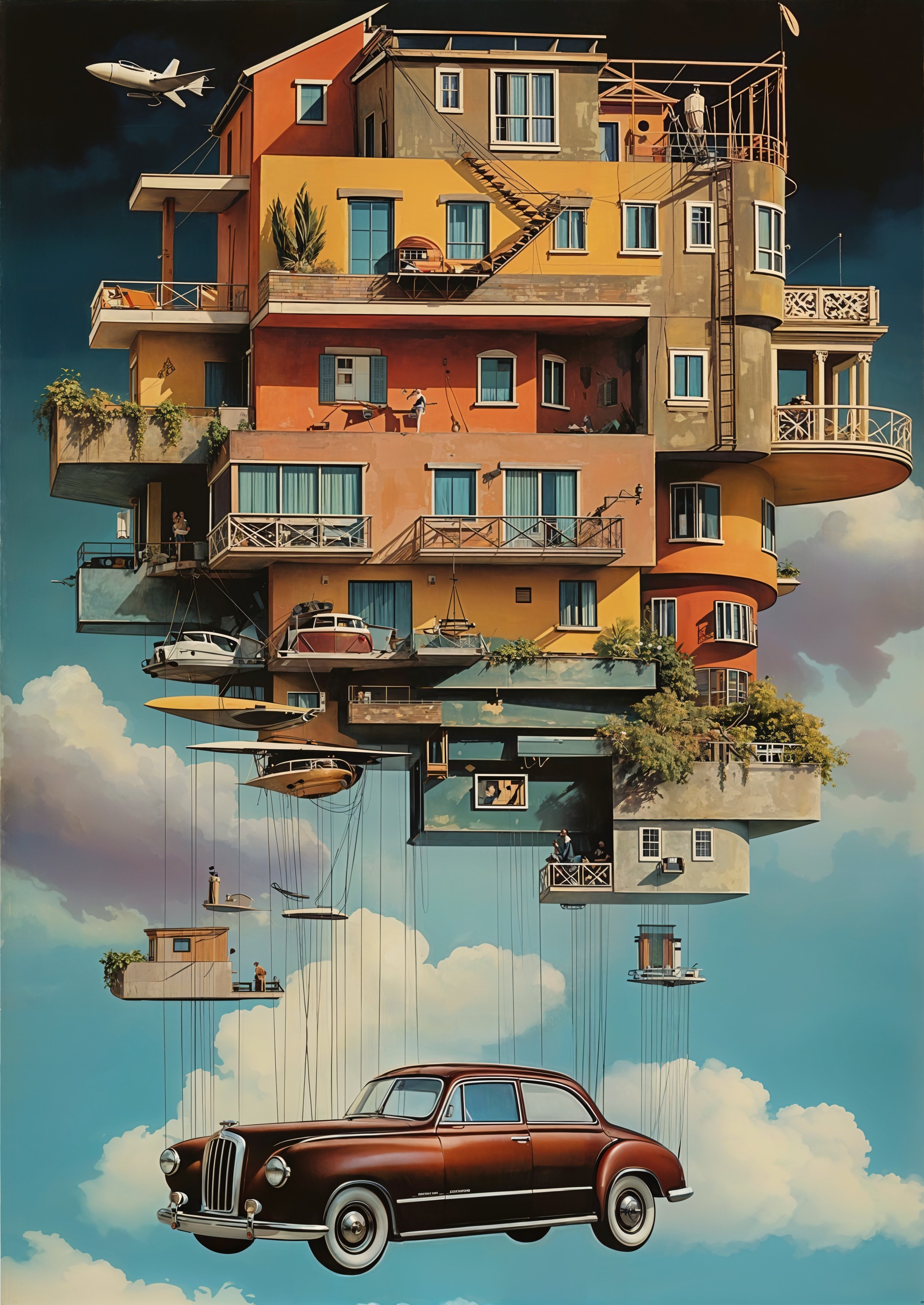 Surrealist Illustration of a Colorful Multi-Storey House