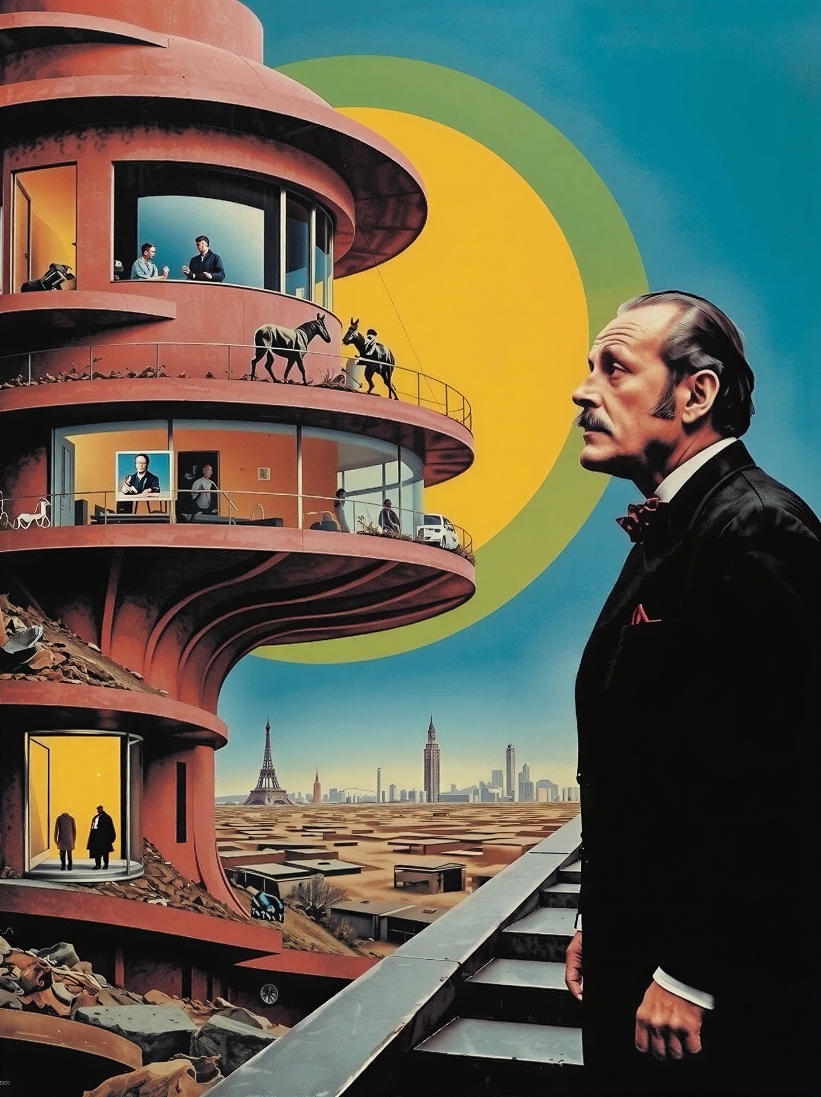 Surrealistic Painting of Man and Futuristic Building