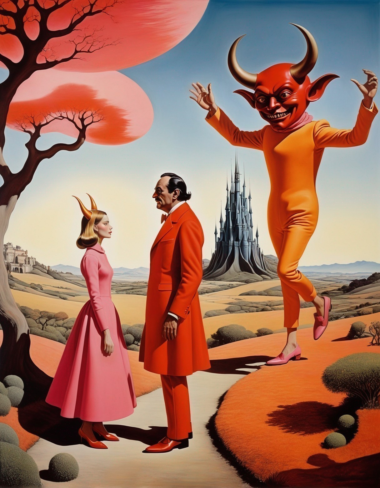 Surreal Landscape with Woman, Man, and Devil Figure