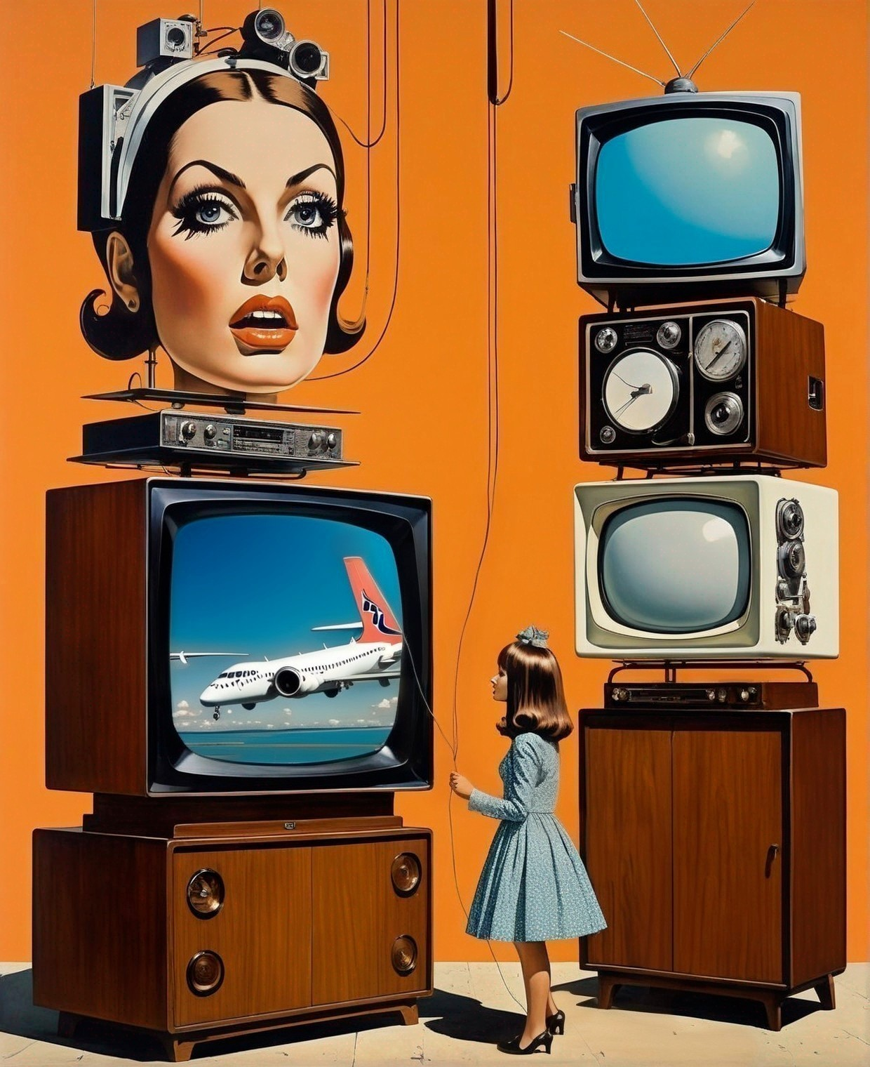 Surreal Scene of Girl with Vintage Televisions
