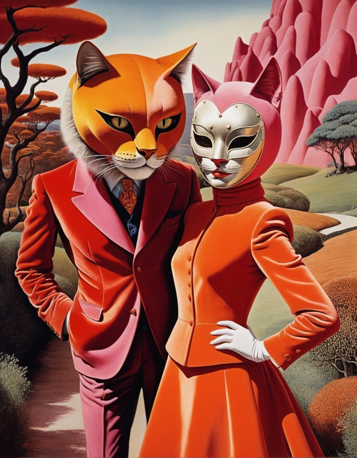 Surreal Landscape with Masked Figures in Vibrant Fashion