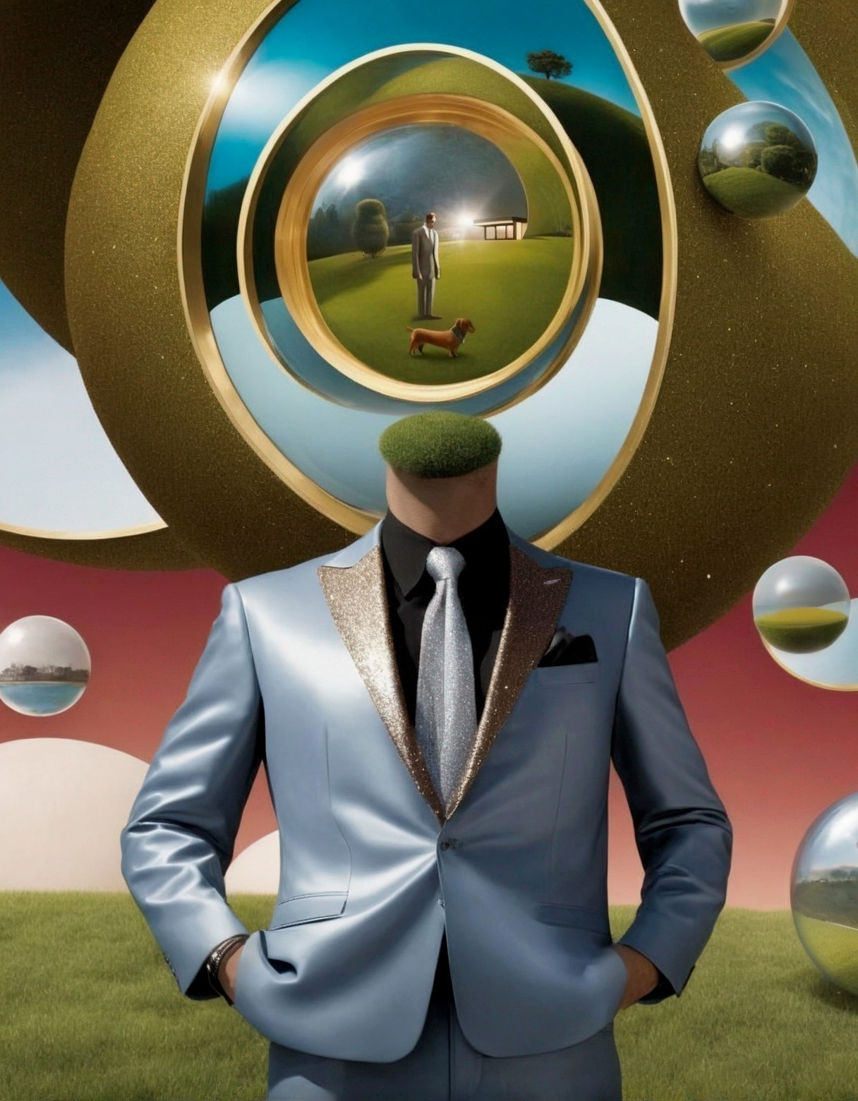Surreal Scene with Headless Figure and Floating Orbs