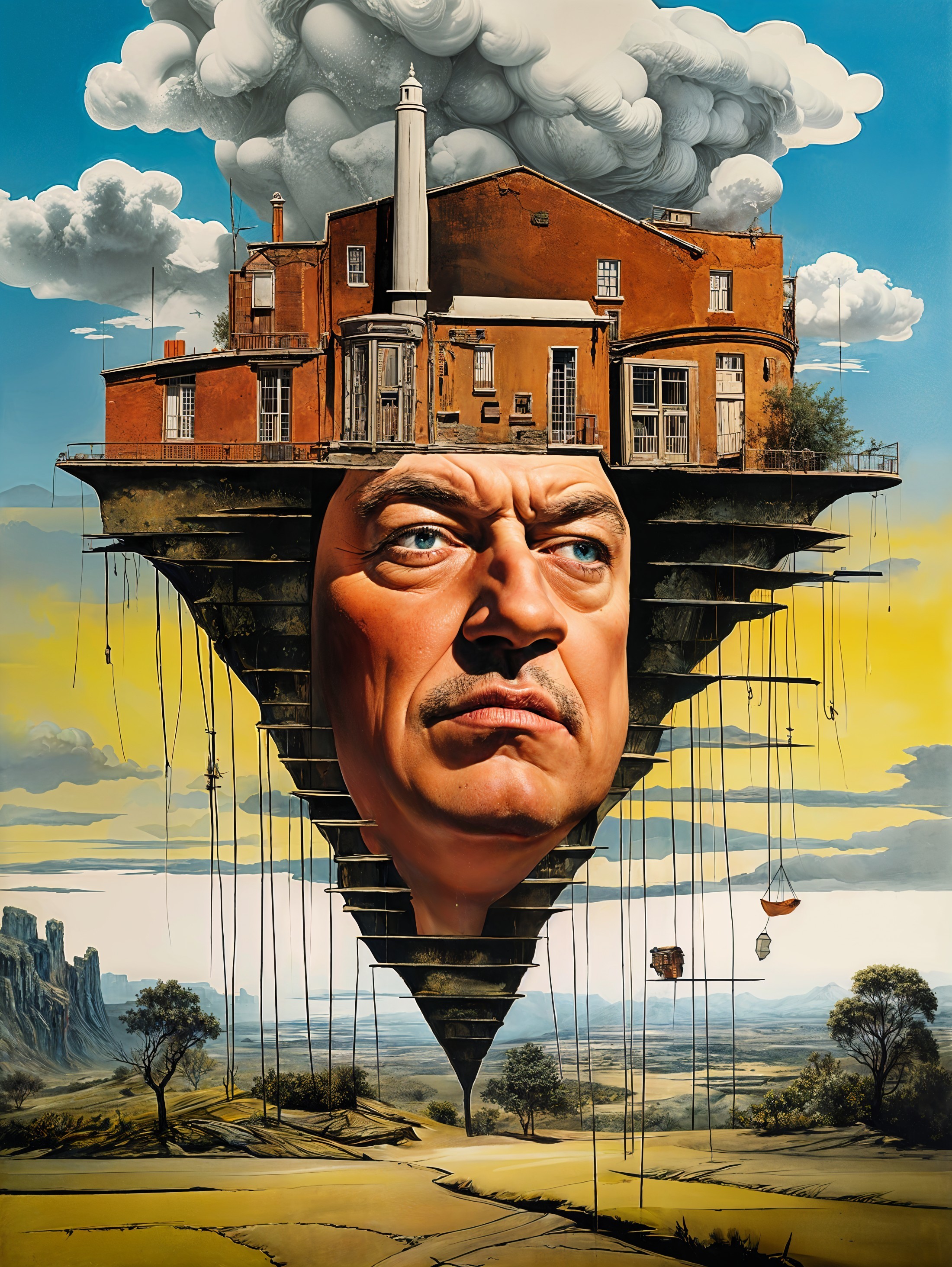 Surreal Artwork with Human Face and Inverted Triangle