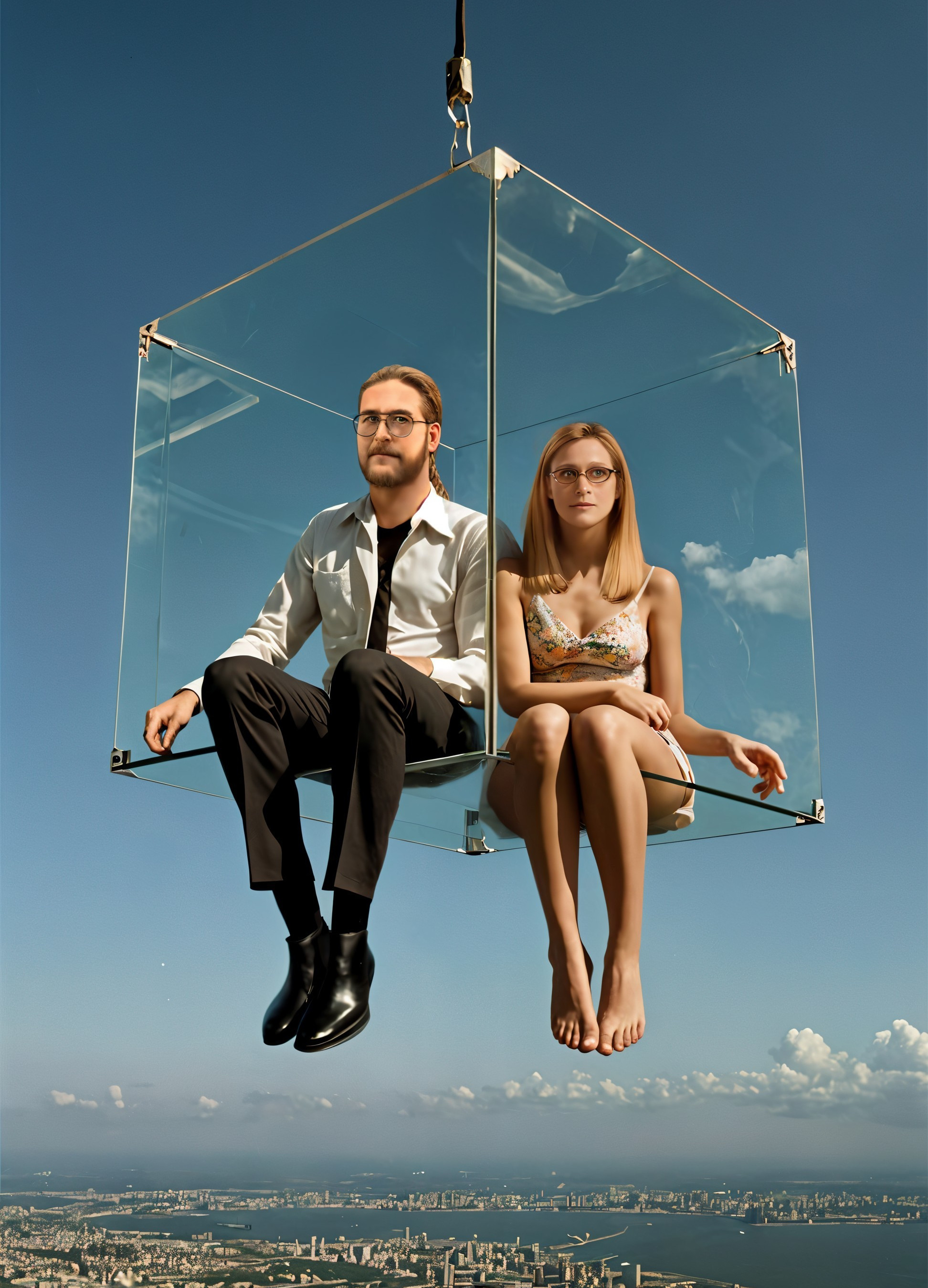 Man and woman in glass cube above city skyline