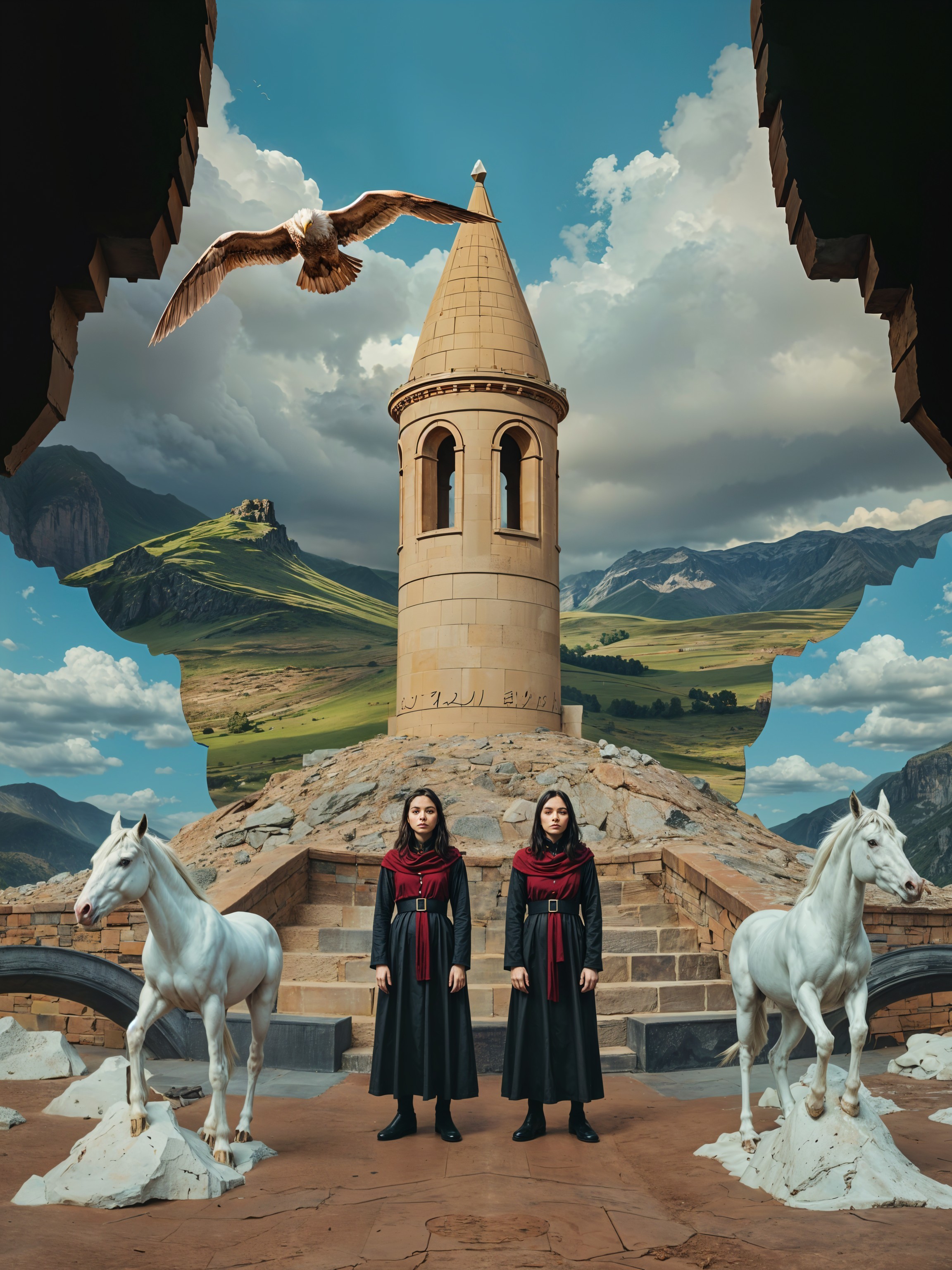 Women in Cloaks by Tower with Horses and Eagle