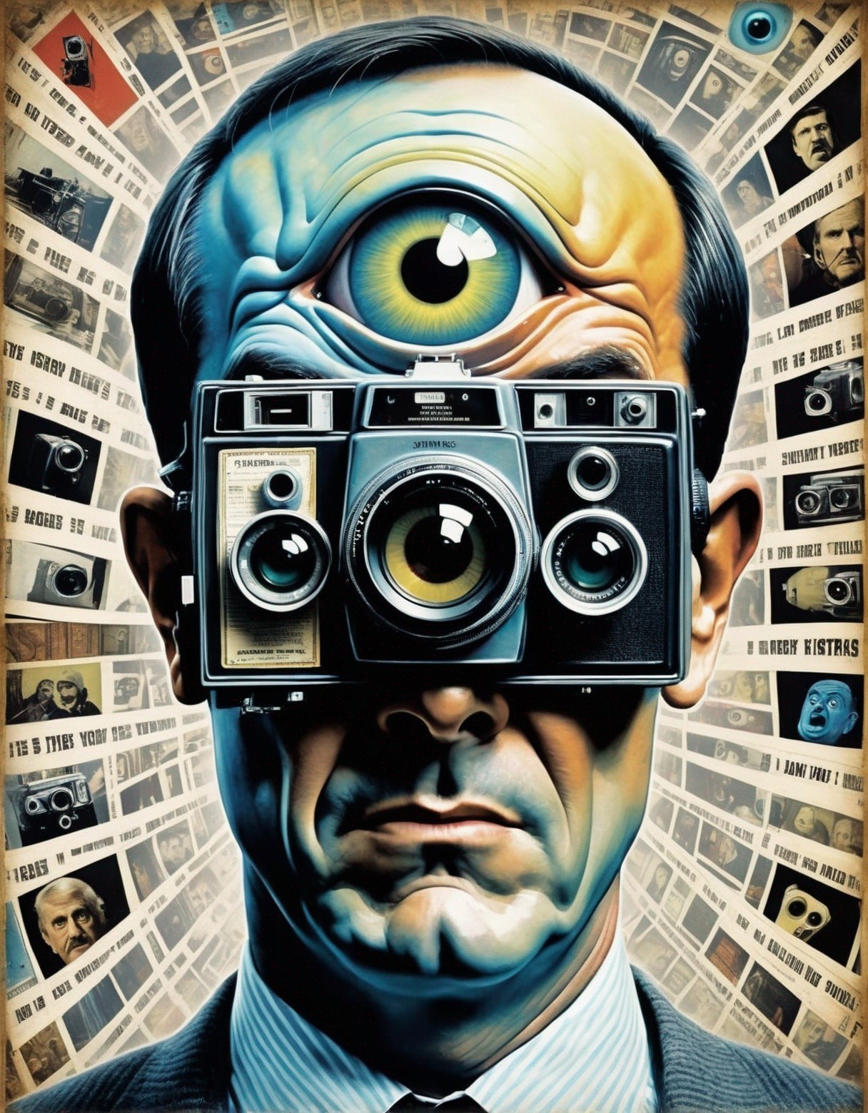 Surreal Artwork of Man with Oversized Camera and Eye