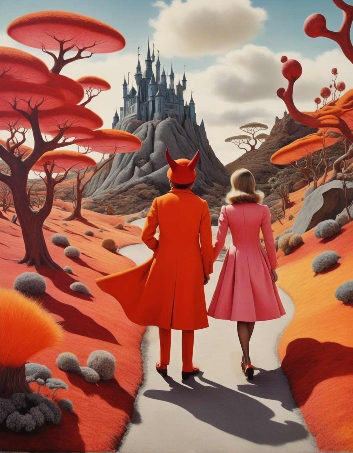 Whimsical Landscape with Couple and Fantastical Castle