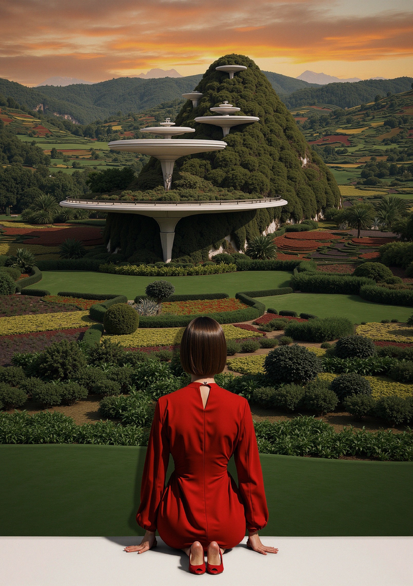 Woman in Red Dress on Hill with Futuristic Structure