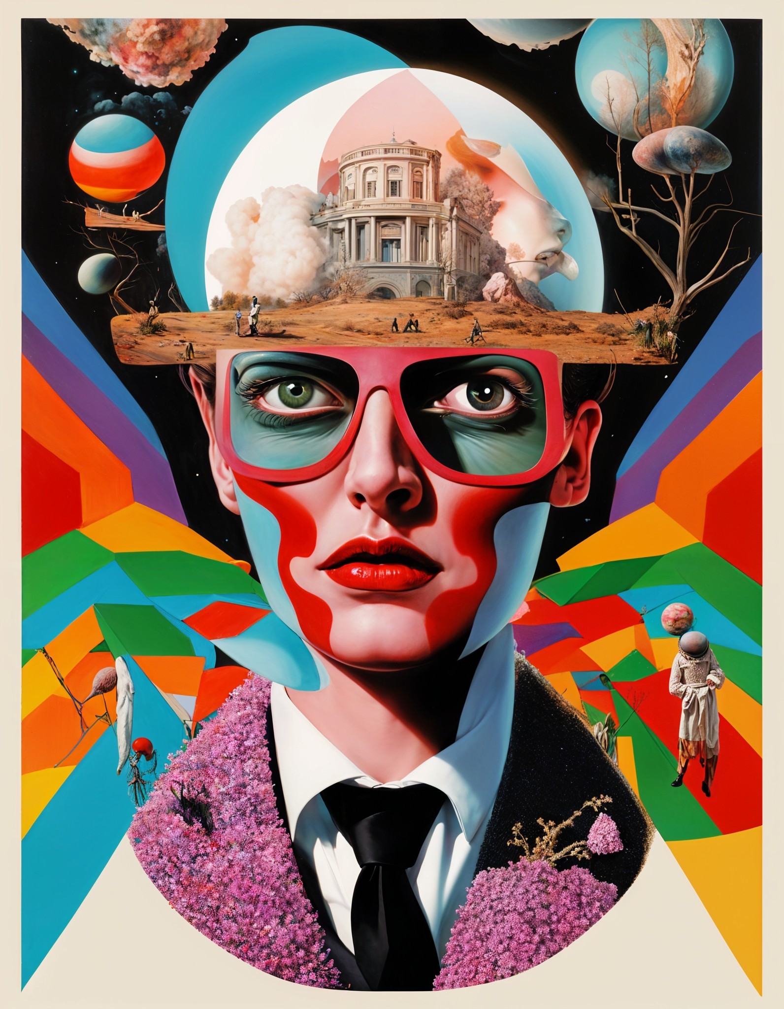 Surreal Portrait with Vibrant Glasses and Fantasy Landscape