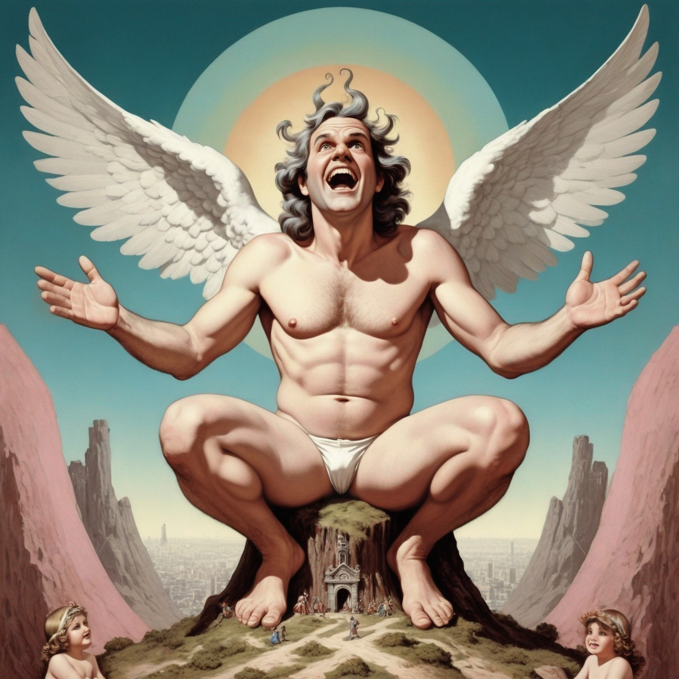 Muscular Winged Figure in Vibrant Fantasy Landscape