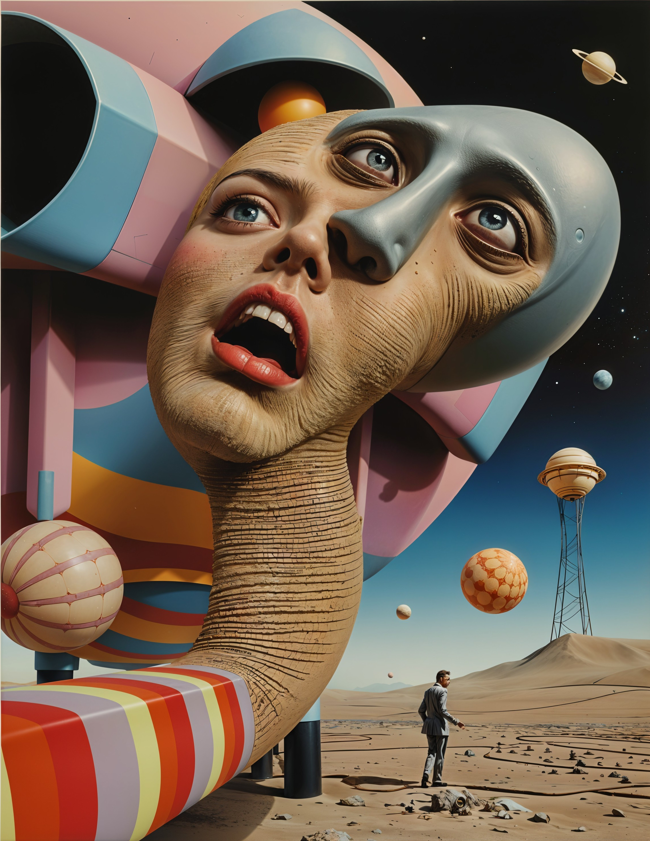 Surreal Landscape with Giant Face and Whimsical Elements