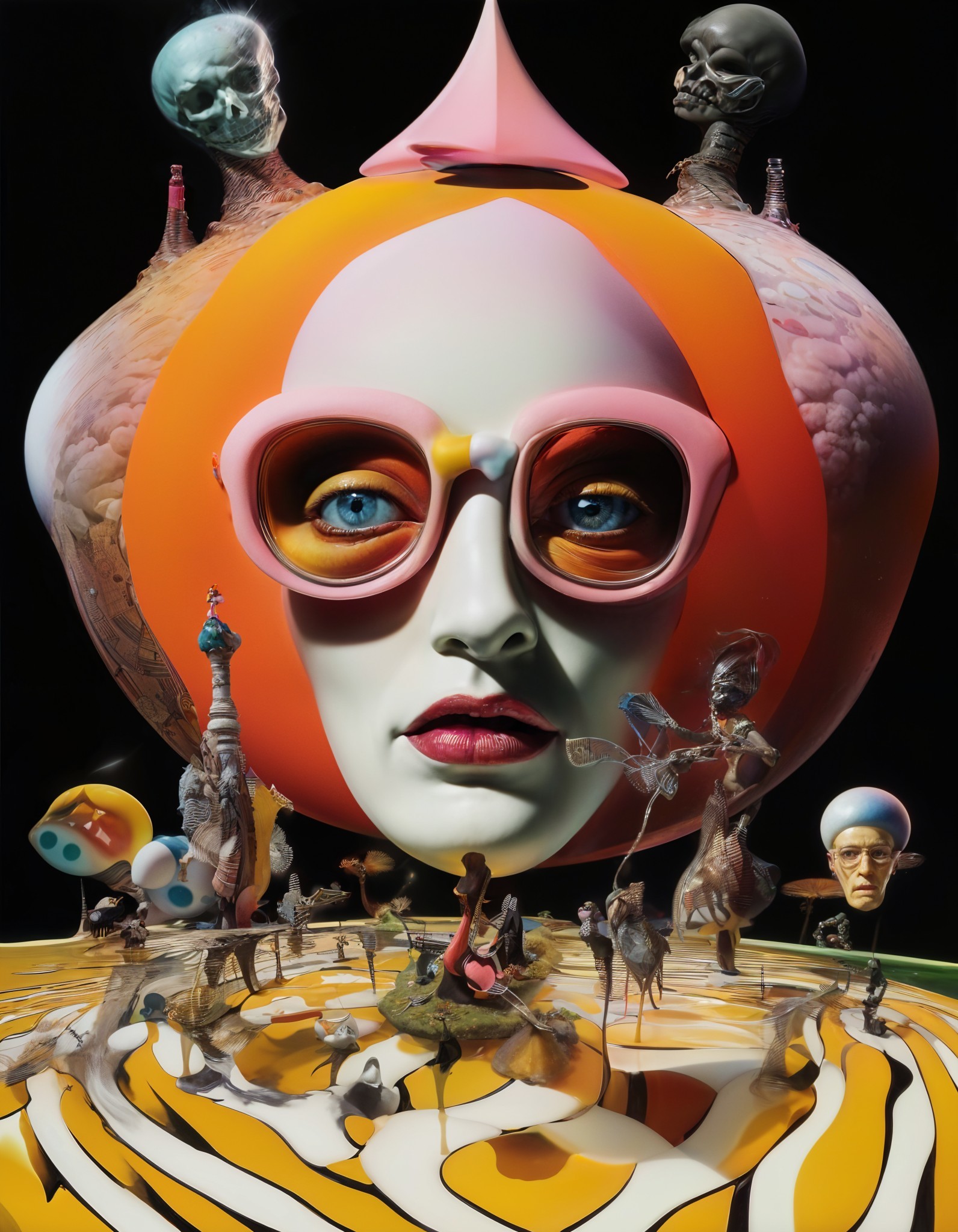 Surreal Oversized Head with Vibrant Colors and Figures