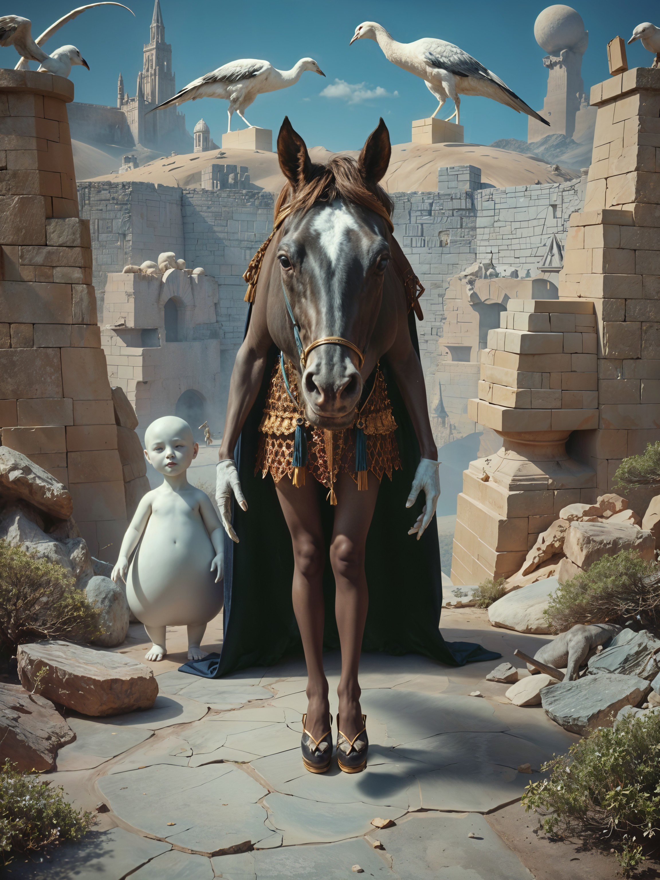 Surreal Landscape with Humanoid and Egg-Shaped Creature