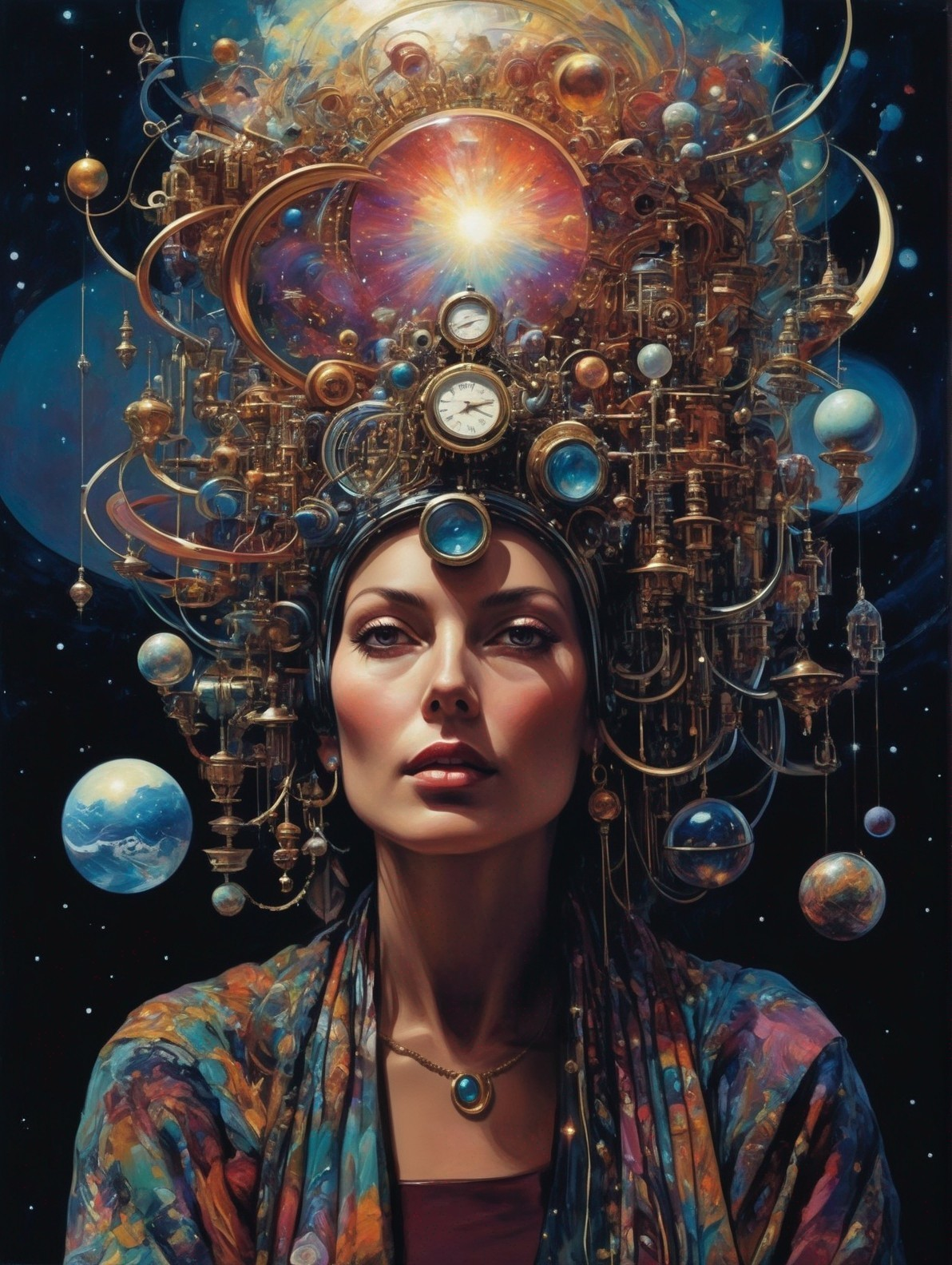 Mystical Woman with Cosmic Headdress and Galaxies