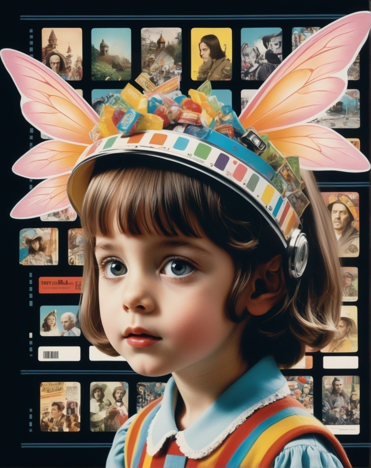 Whimsical Girl in Colorful Headpiece and Vintage Attire