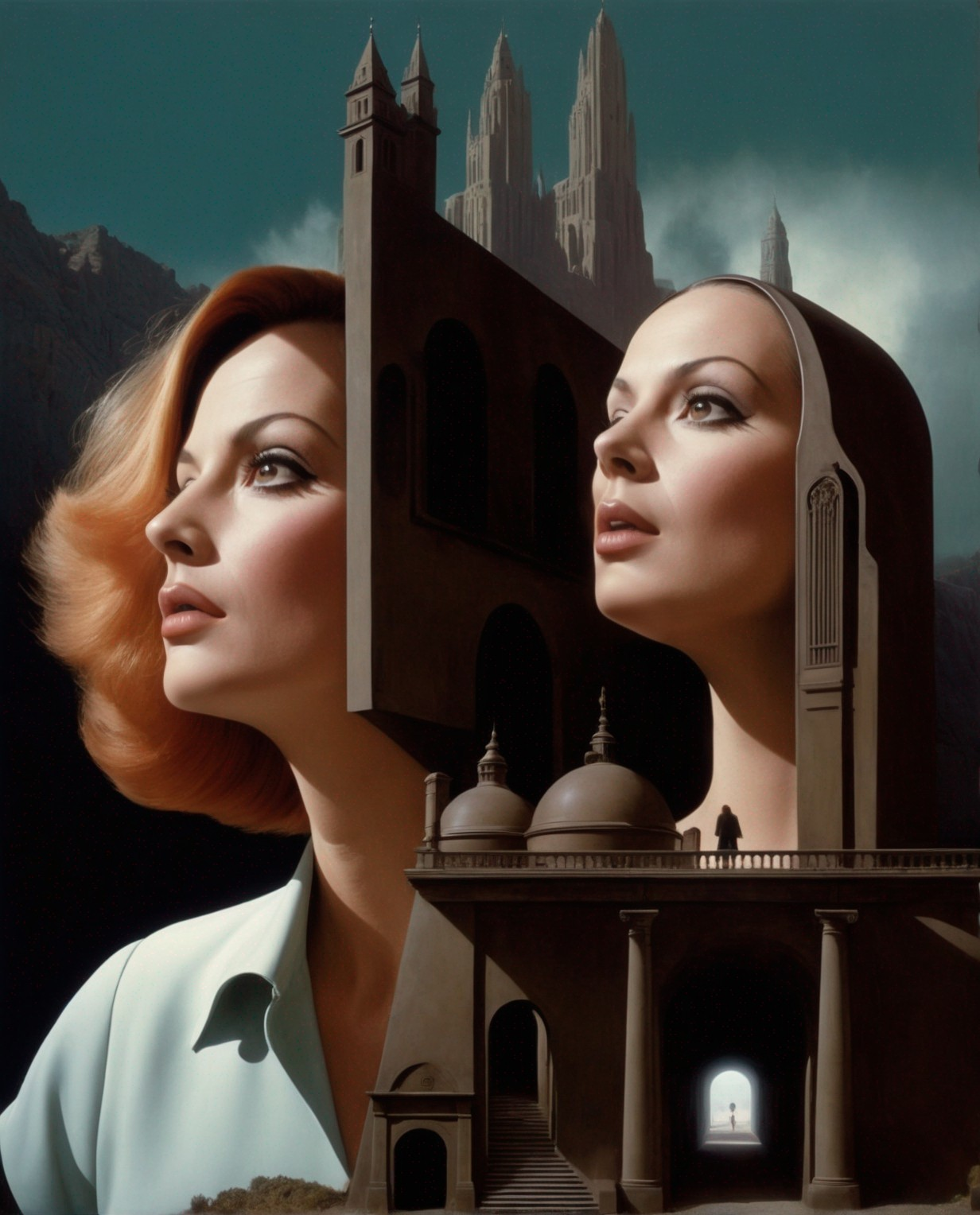 Surrealist depiction of women in architectural landscape