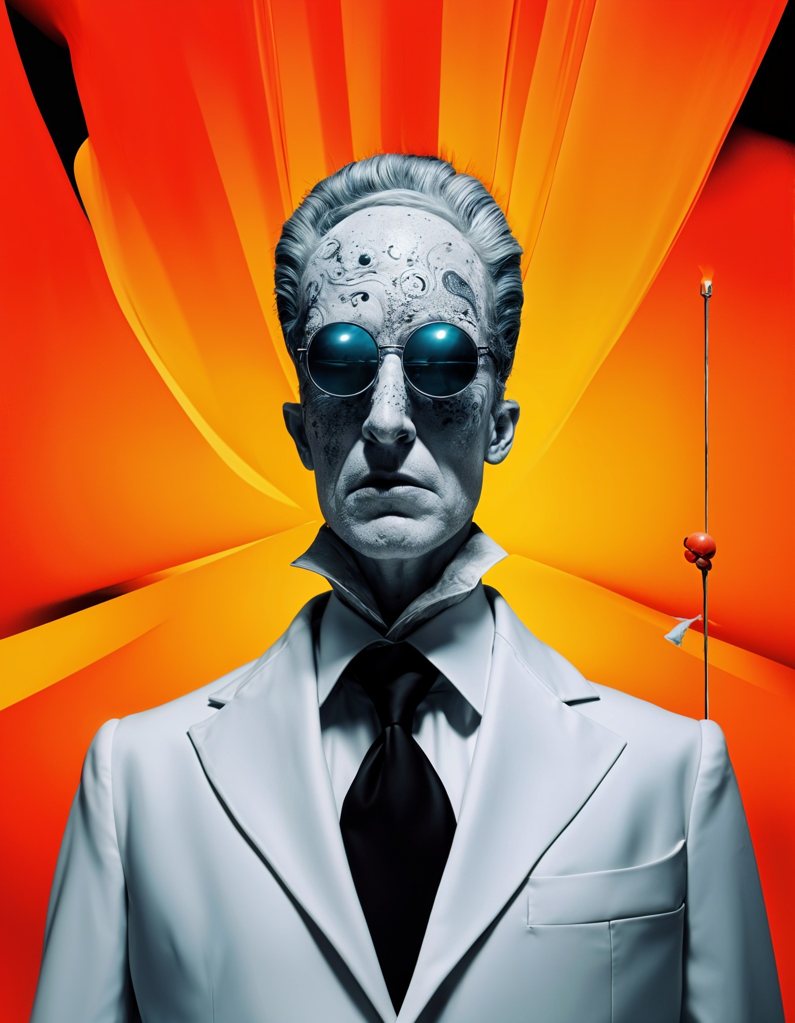 Striking Figure in White Suit Against Fiery Background