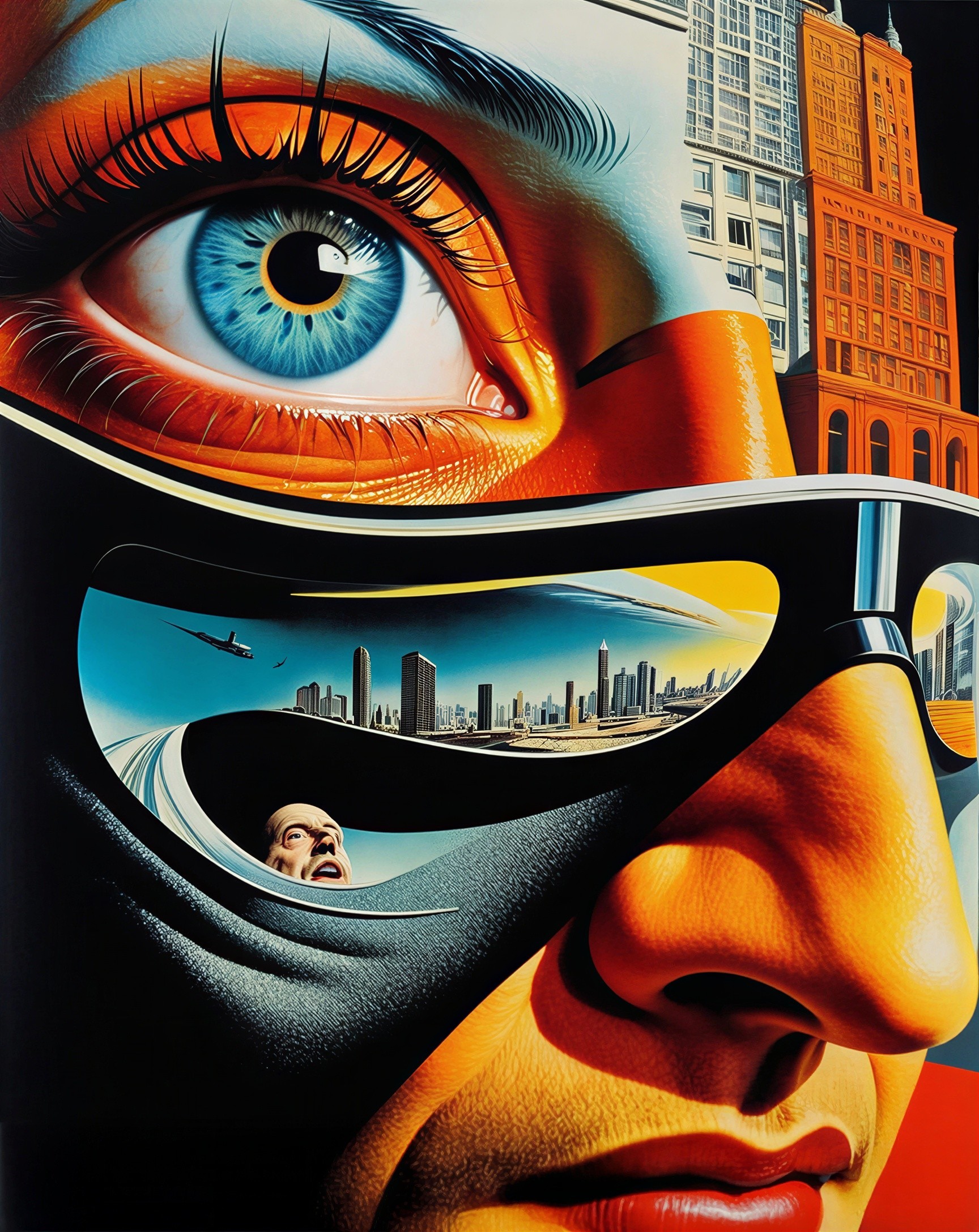 Surrealist Close-Up of Eye and Nose with City Reflection