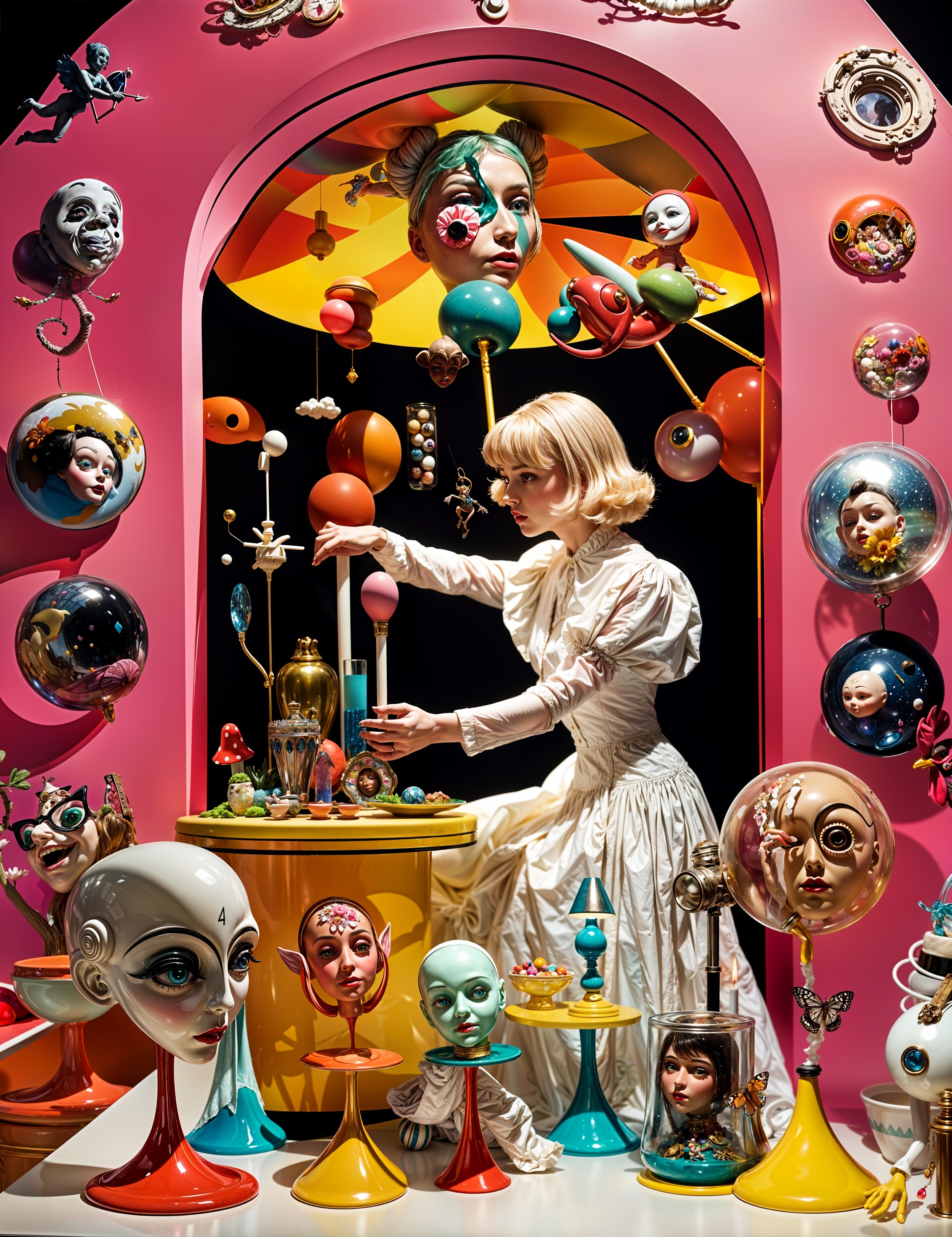 Whimsical Art Installation with Vintage Dress and Sculptures