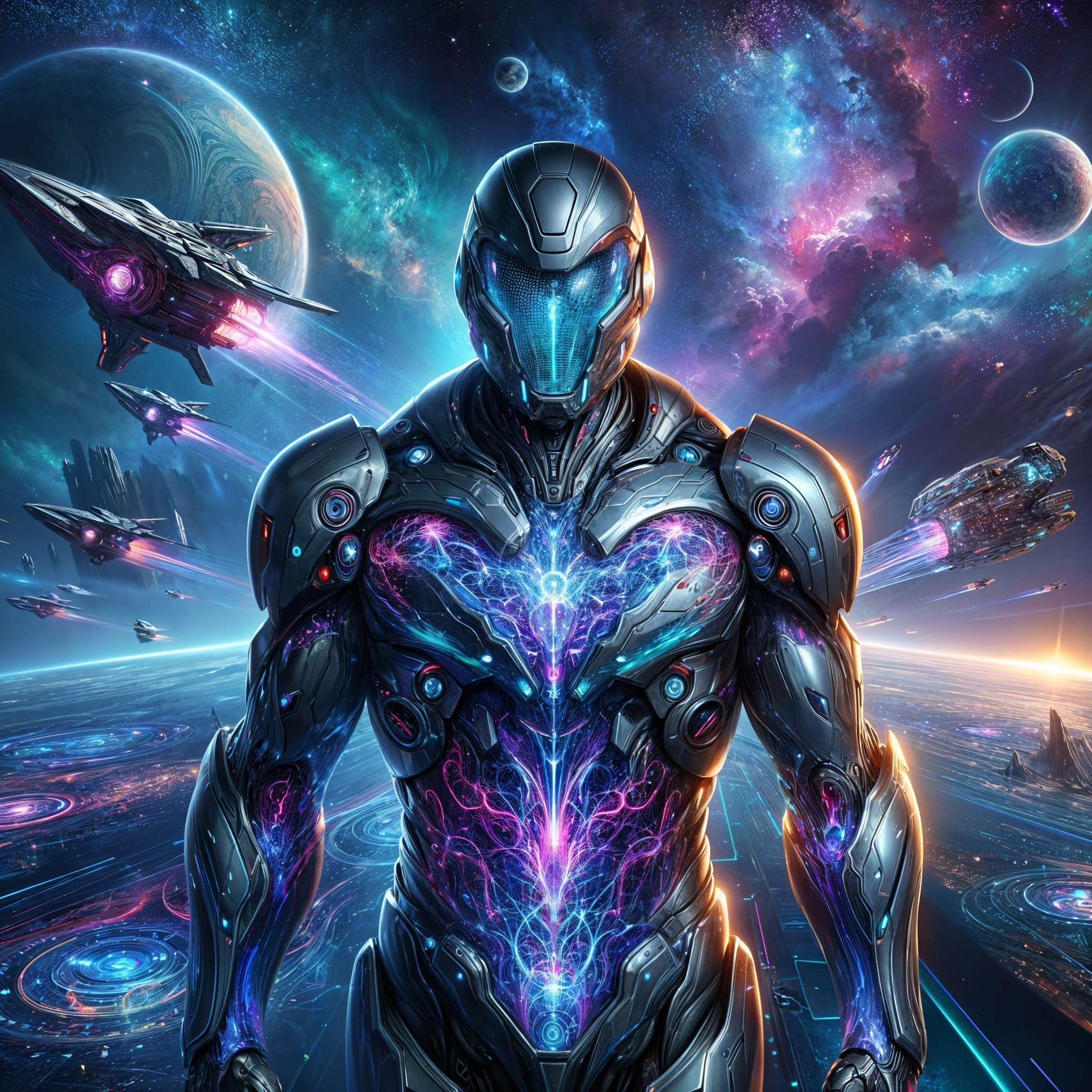 Futuristic Humanoid Robot in Cosmic Space Scene