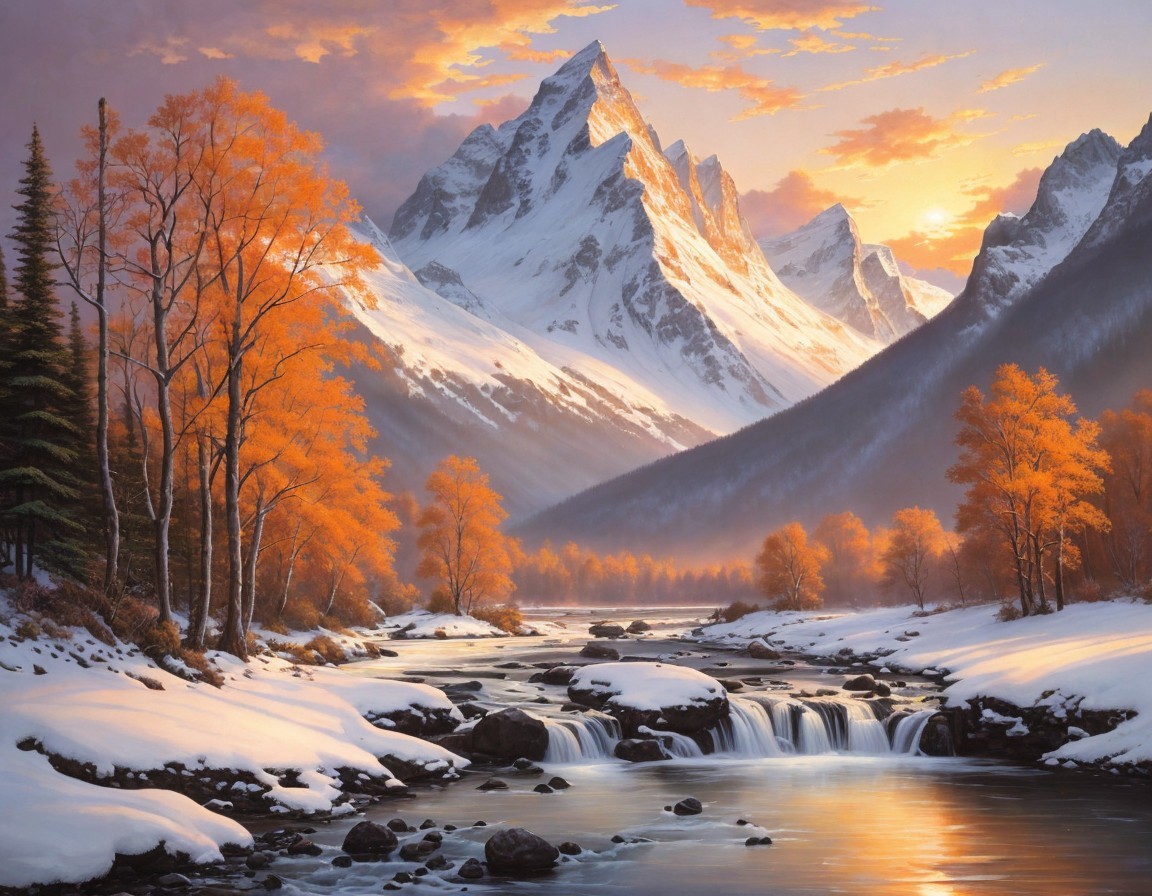 Snow-Capped Mountains and Autumn Trees at Sunset