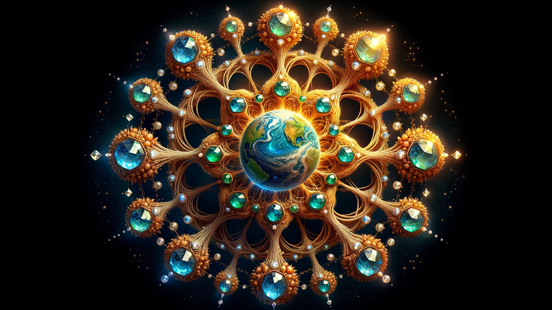 Vibrant Cosmic Design Featuring Earth and Golden Patterns