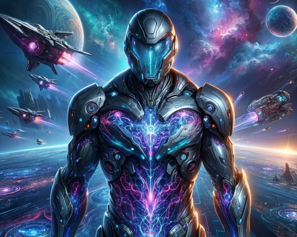 Futuristic Humanoid Robot in Cosmic Space Scene
