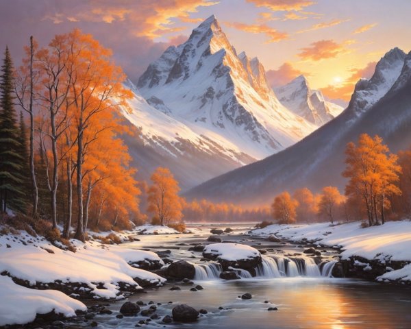 Snow-Capped Mountains and Autumn Trees at Sunset