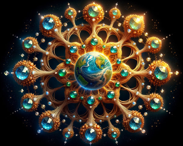 Vibrant Cosmic Design Featuring Earth and Golden Patterns