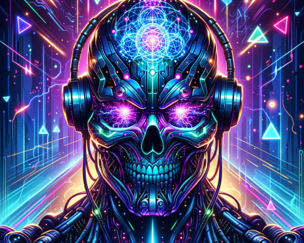 Futuristic Robotic Skull with Neon Colors and Circuitry