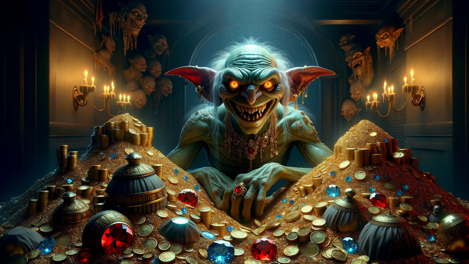 Goblin in Treasure Lair Surrounded by Gold and Gems