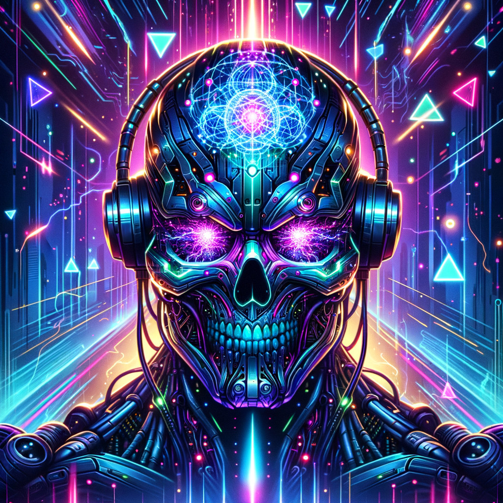 Futuristic Robotic Skull with Neon Colors and Circuitry