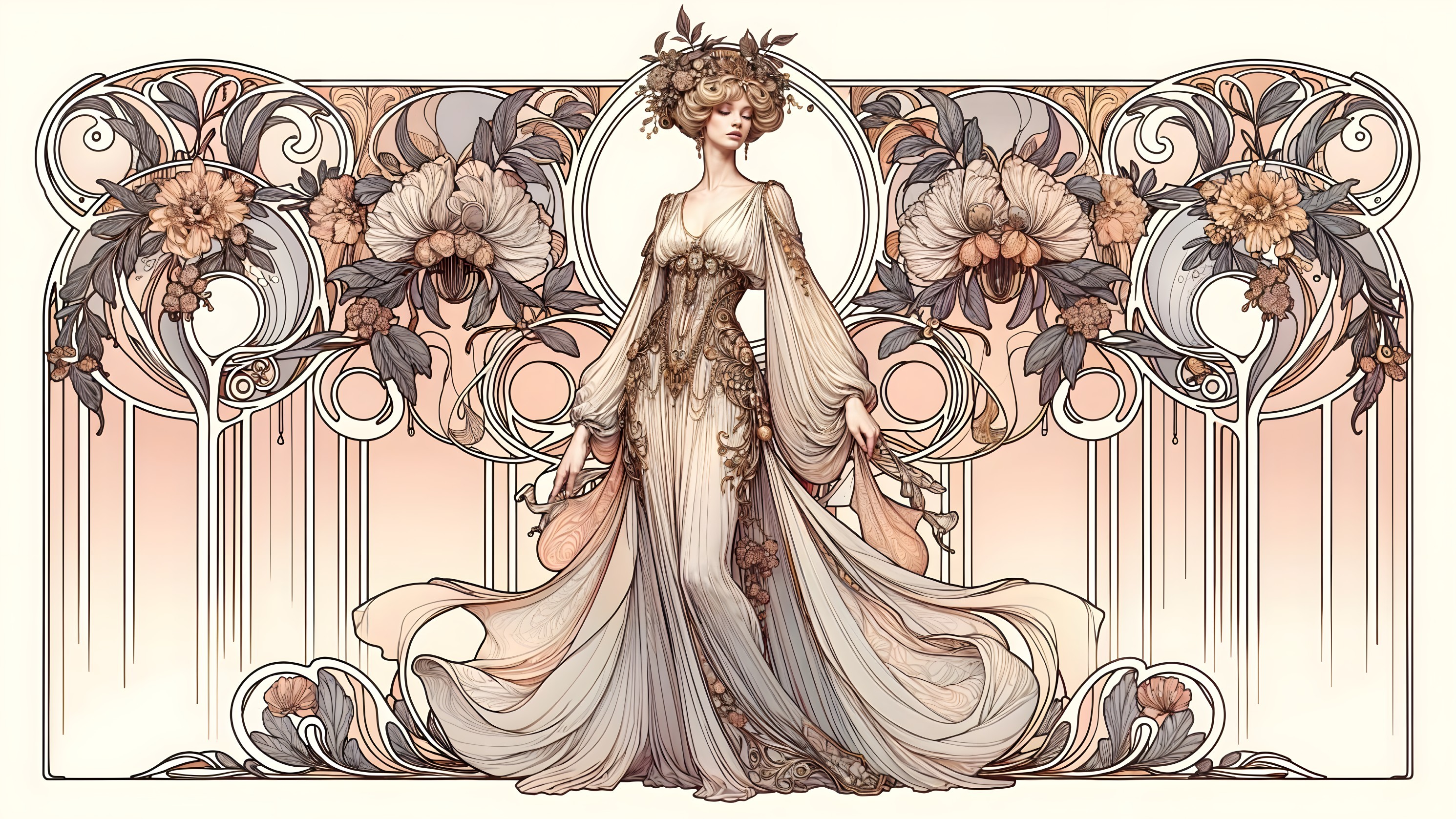 Graceful Woman in Floral Gown with Art Nouveau Style