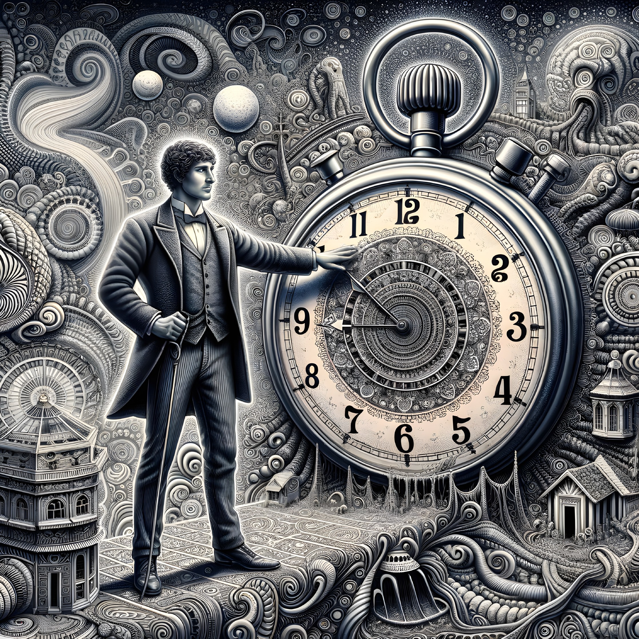 Victorian Gentleman with Ornate Stopwatch in Surreal Scene