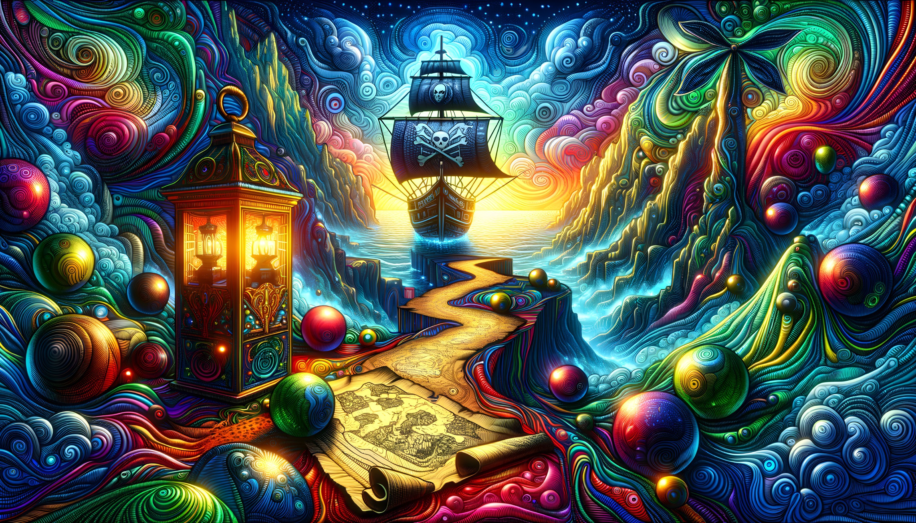 Surreal Landscape with Pirate Ship and Treasure Map