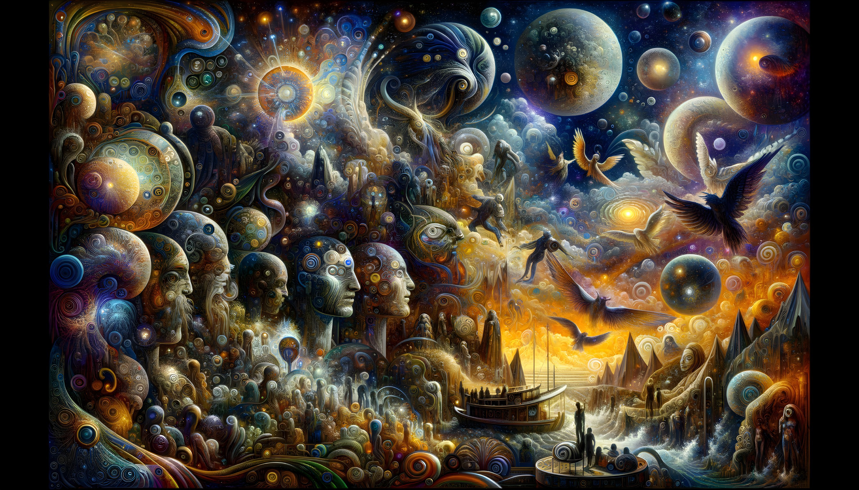 Cosmic Scene with Surreal Faces and Celestial Bodies