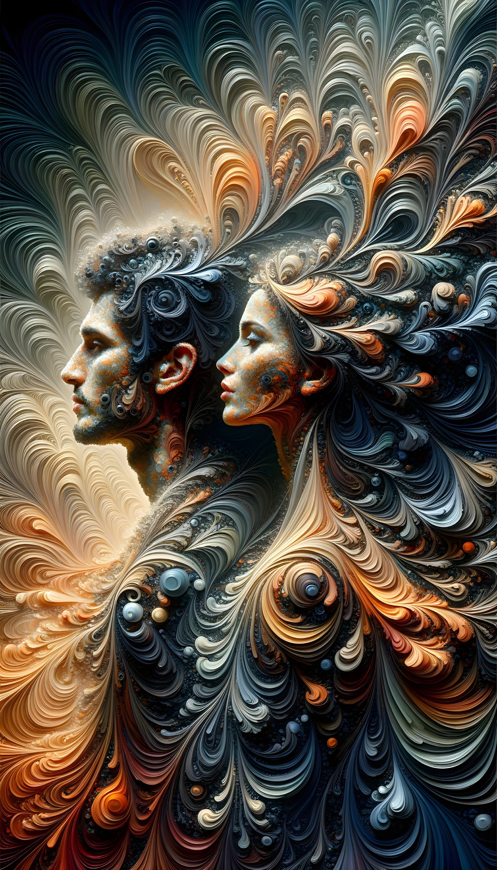 Human Profiles with Vibrant Fractal Patterns